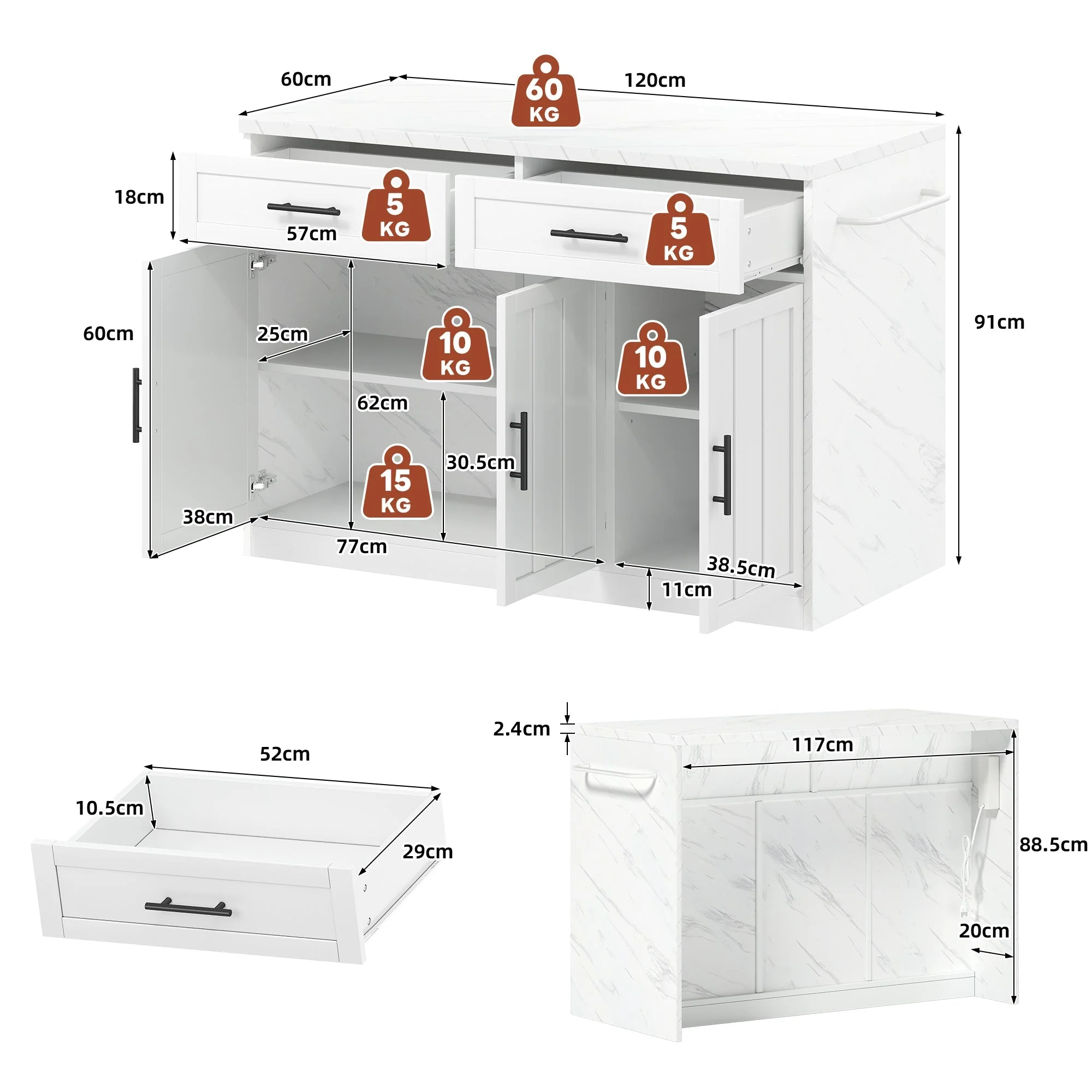Kitchen Island with Power Outlets USB Adjustable Shelves, White - Image 6