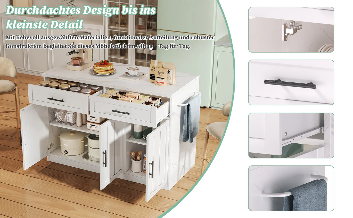 Kitchen Island with Power Outlets USB Adjustable Shelves, White - Image 8