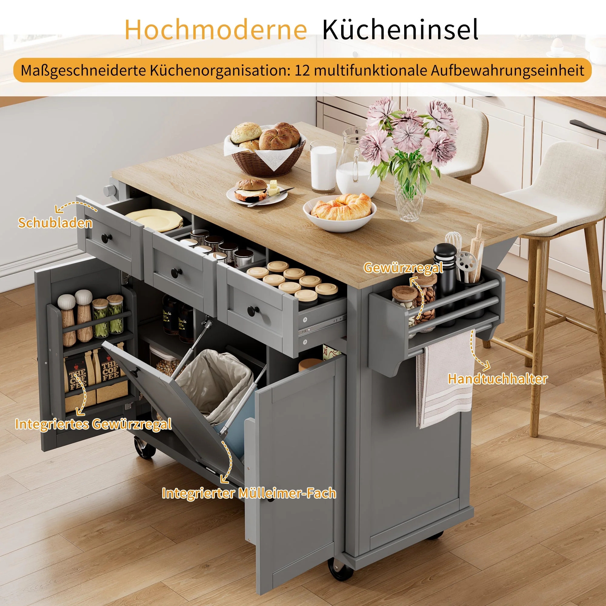 Kitchen Island with Wheels, Extendable Dining Area, Waste Bin & Drawers, Grey - Image 6