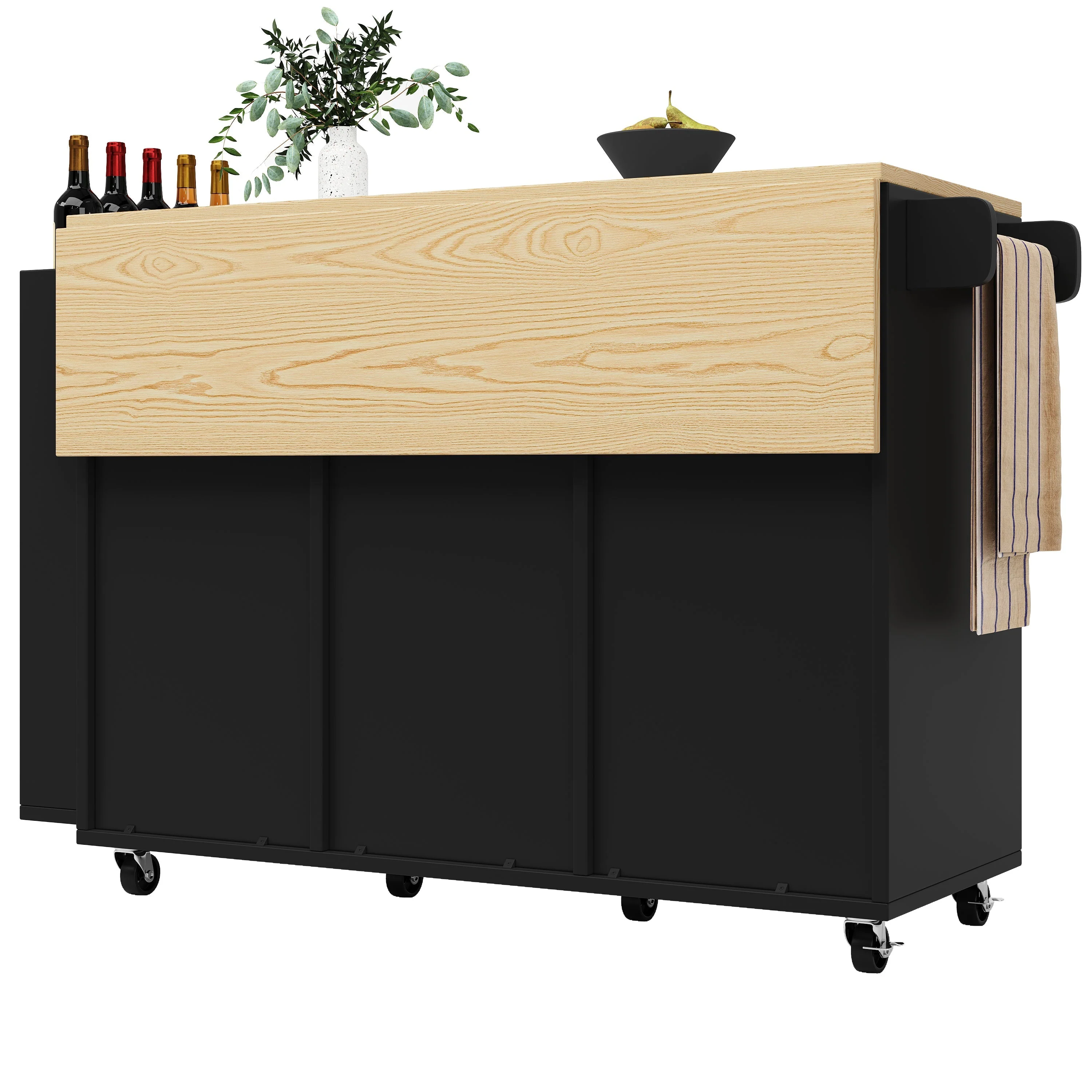 Kitchen Serving Cart Mobile Island with Worktop Sliding Doors Drawers Spice Rack Black - Image 9