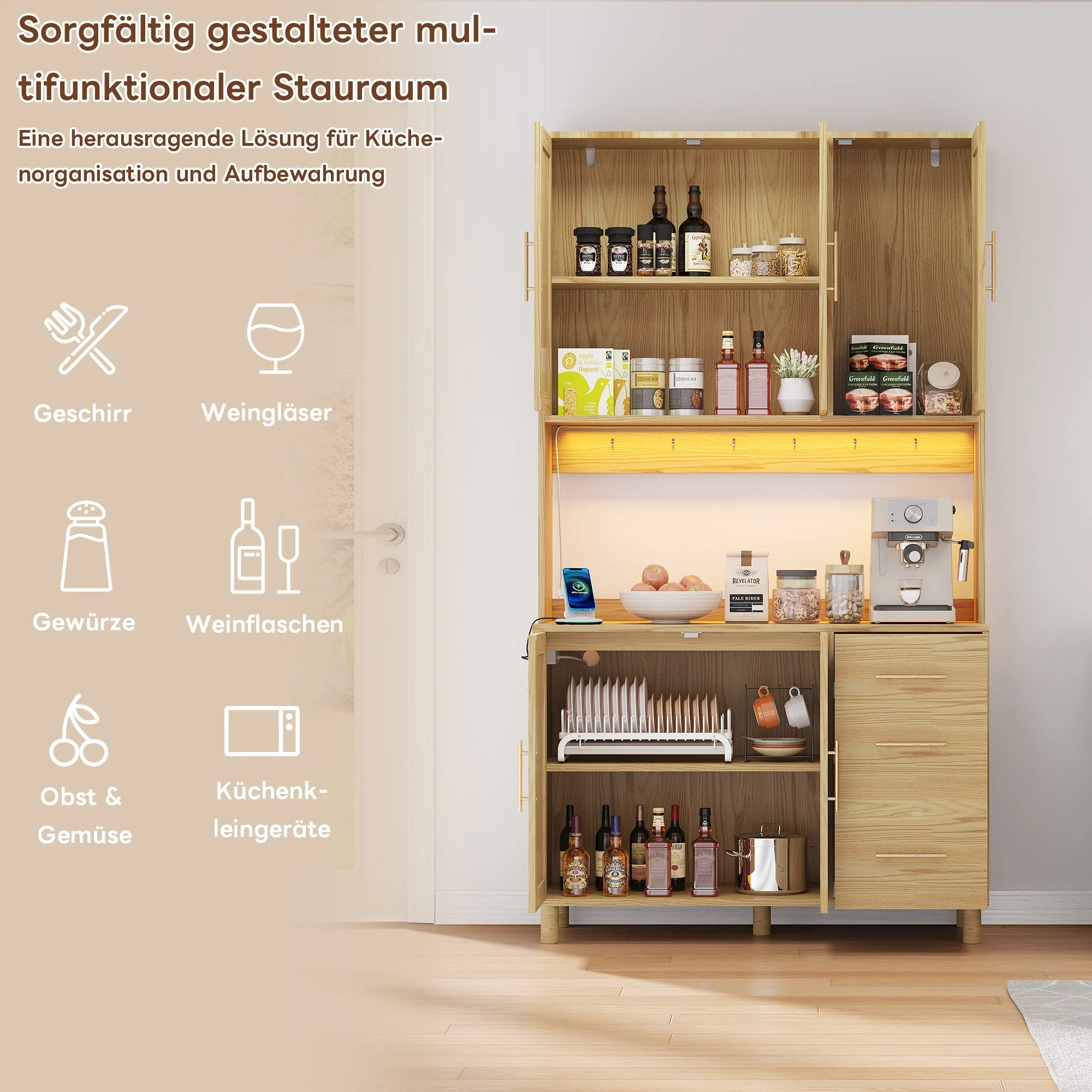 Kitchen Sideboard Buffet 183cm LED Charging Station 3 Drawers Gold Handles - Image 3
