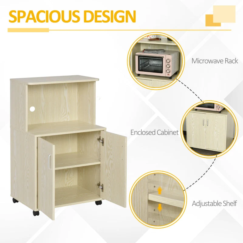 Kitchen Storage Unit, Microwave Stand Trolley Cabinet with Locking Wheels, Oak Tone - Image 4