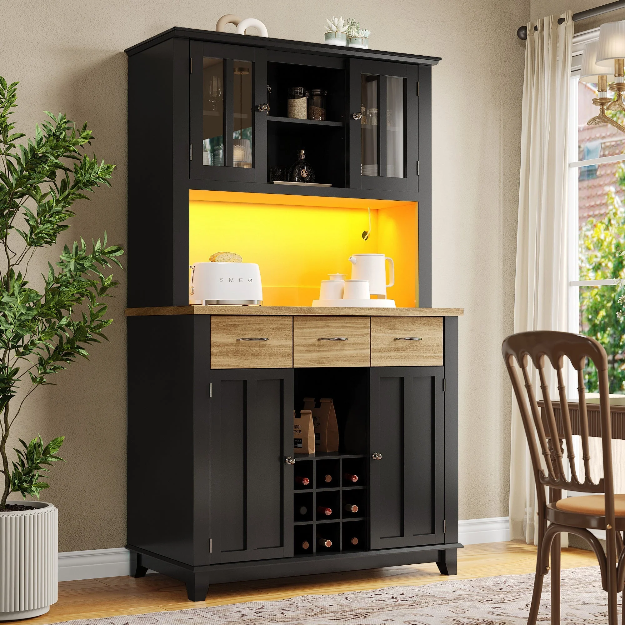 Kitchen Tall Cabinet 106cm Adjustable Shelves LED - Wood Drawers
