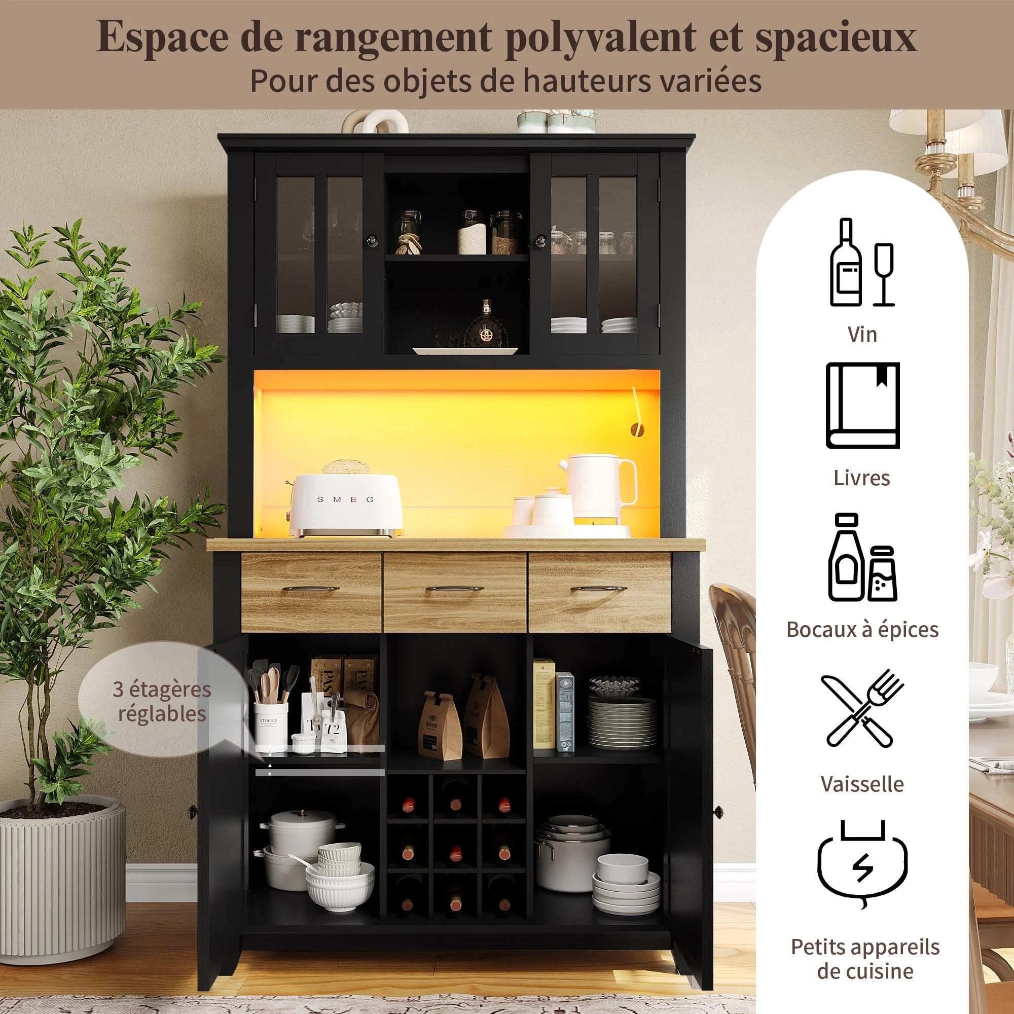 Kitchen Tall Cabinet 106cm Adjustable Shelves LED - Wood Drawers - Image 10