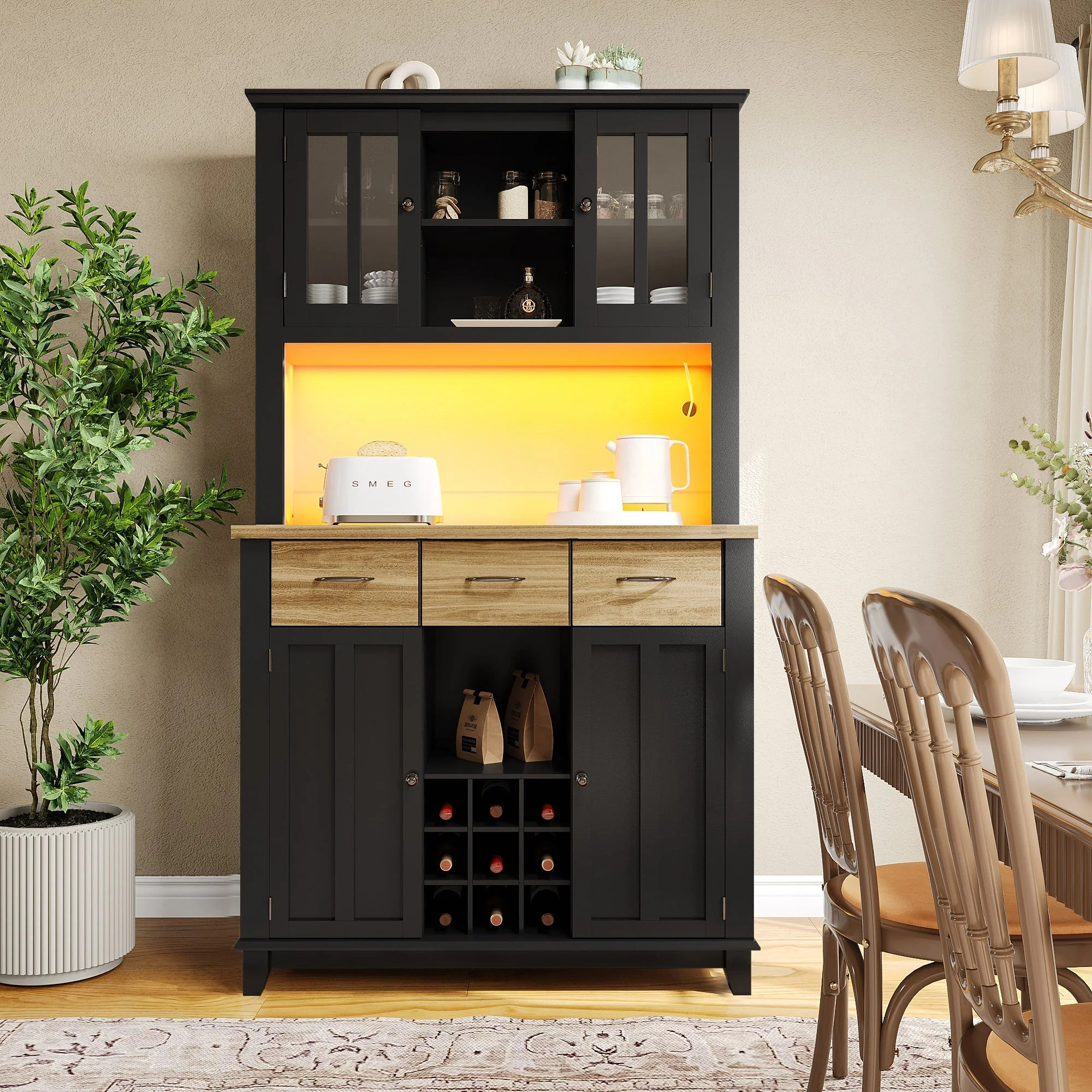 Kitchen Tall Cabinet 106cm Adjustable Shelves LED - Wood Drawers - Image 4