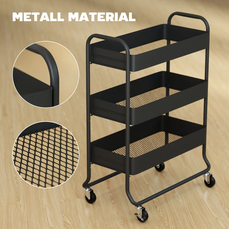 Kitchen Trolley 3 Baskets 4 Wheels - Metal Black - Image 6