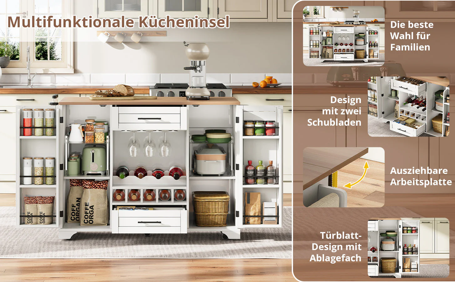 Kitchen Trolley Mobile Folding Worktop Wine Rack Storage - White - Image 4