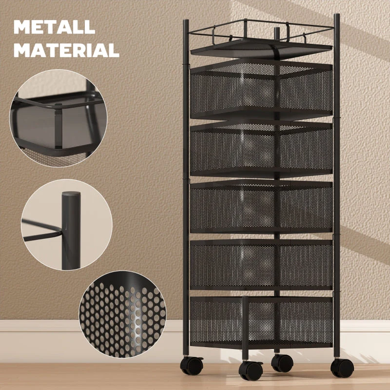 Kitchen Trolley with 5 Rotating Baskets and 4 Swivel Casters, Black Metal - Image 6