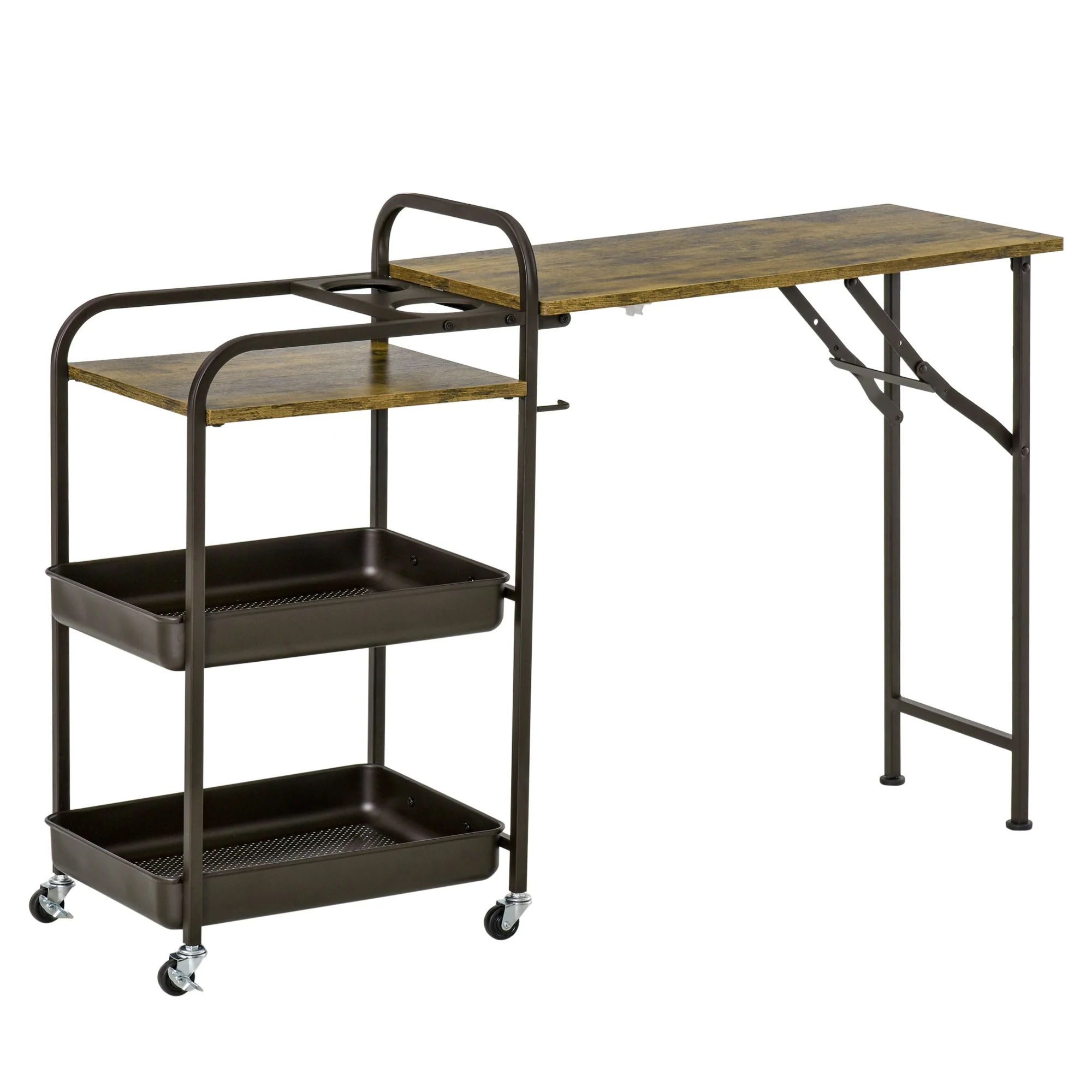 Kitchen Trolley with Folding Table Top, 2 Trays, Wheels, and Adjustable Foot Pads, Metal - Image 2