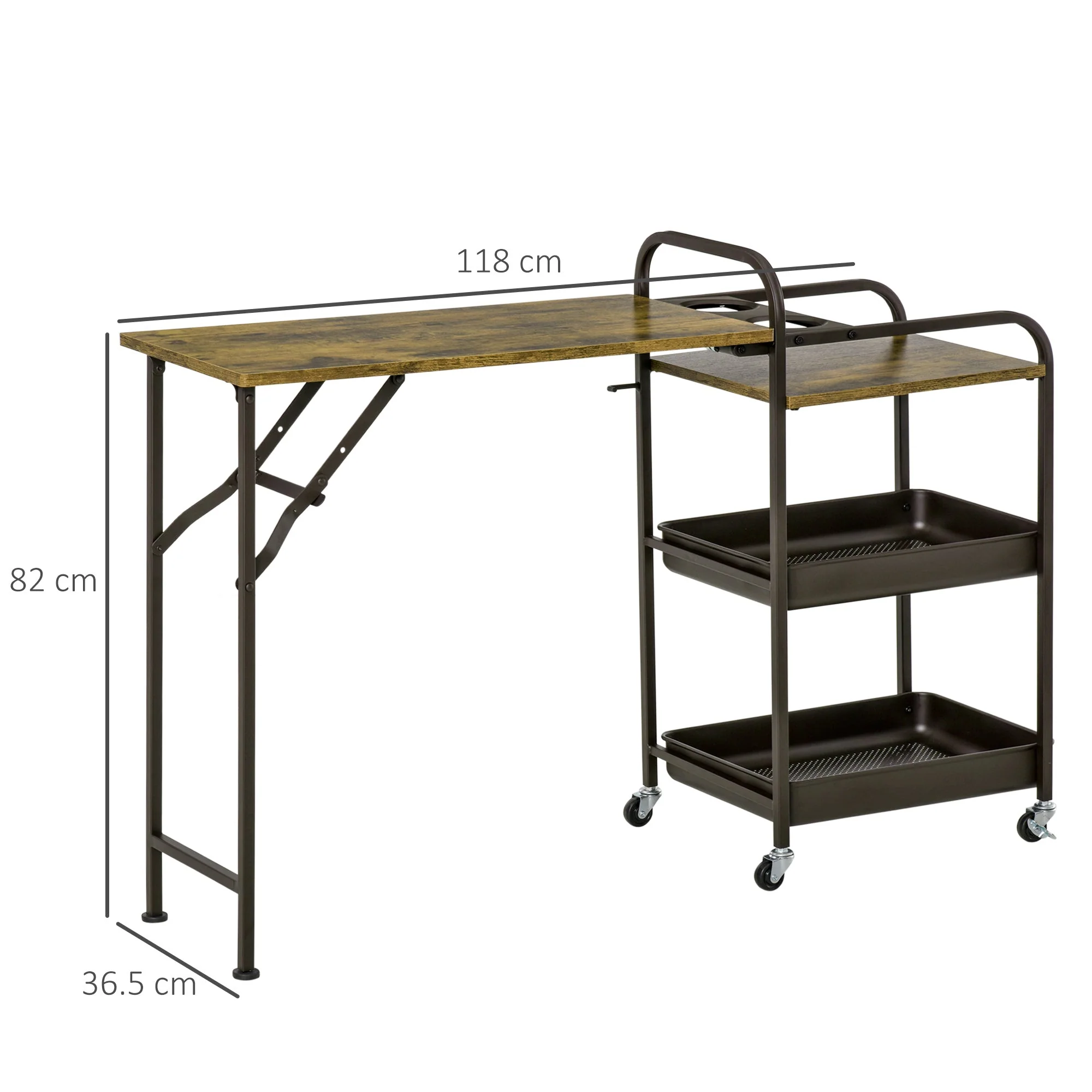 Kitchen Trolley with Folding Table Top, 2 Trays, Wheels, and Adjustable Foot Pads, Metal - Image 3