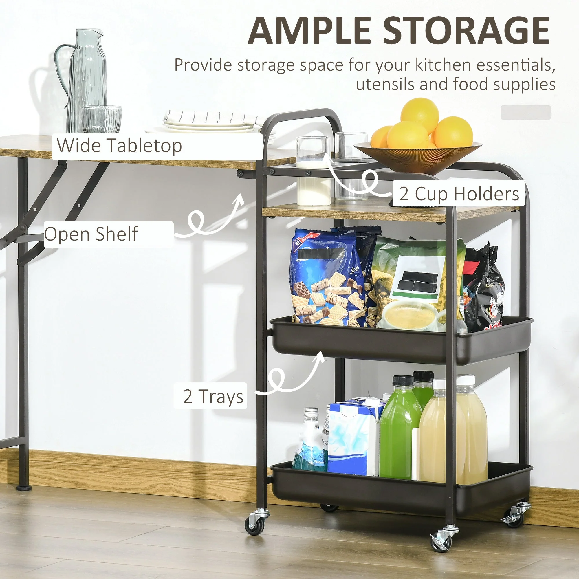 Kitchen Trolley with Folding Table Top, 2 Trays, Wheels, and Adjustable Foot Pads, Metal - Image 4
