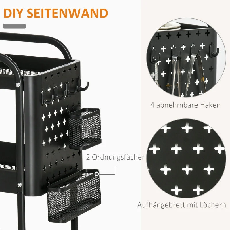 Kitchen Trolley with Perforated Board & Towel Holder, Storage Baskets, Black - Image 5