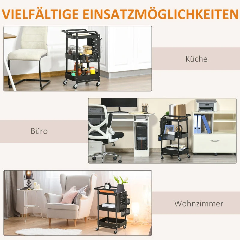 Kitchen Trolley with Perforated Board & Towel Holder, Storage Baskets, Black - Image 7
