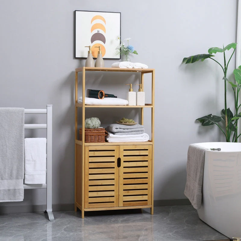 kleankin Bathroom Cabinet, Louvre Doors, Shelf, Bamboo Wood