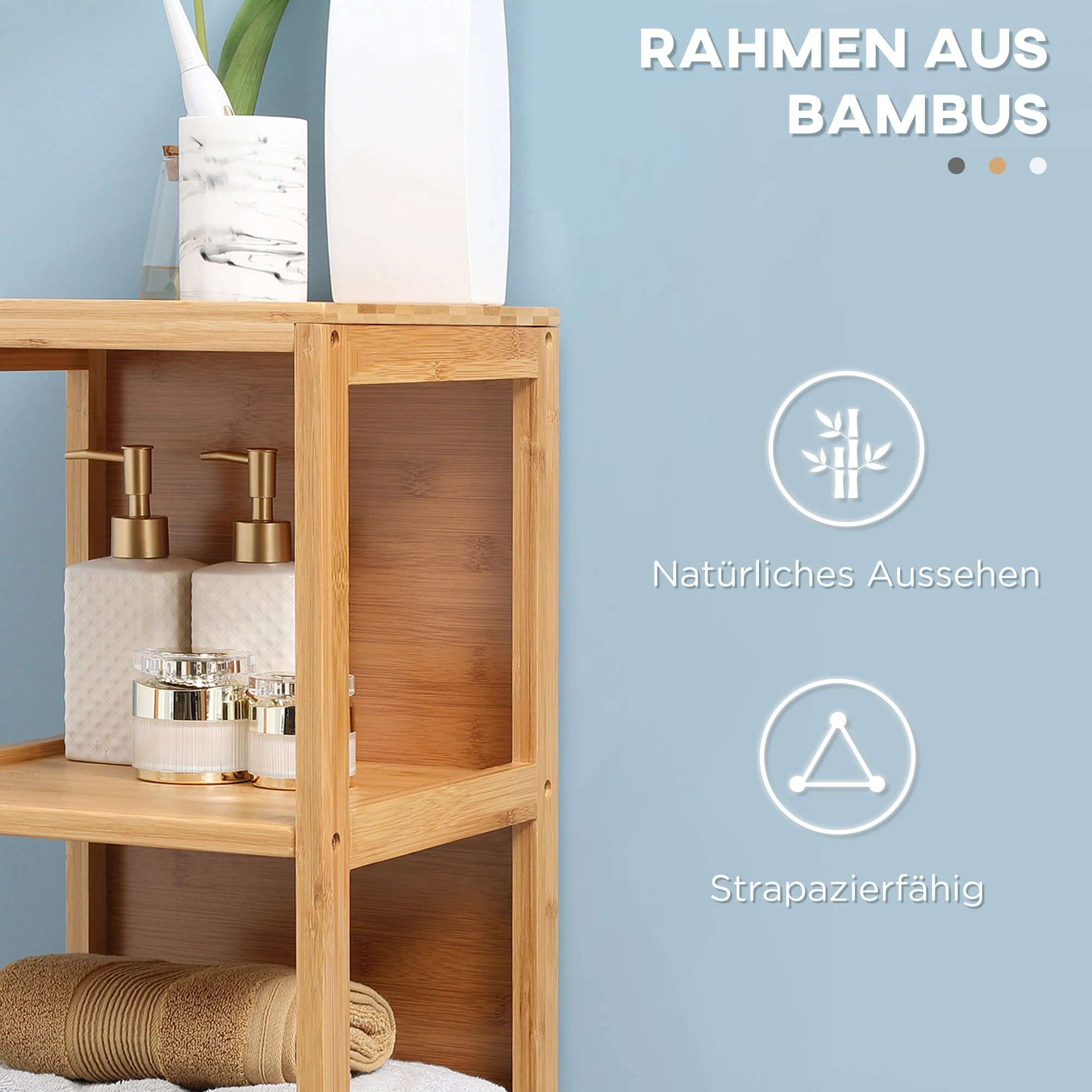 Kleankin Bathroom Cabinet, Tall with 3 Shelves 2 Drawers, Bamboo - Image 5