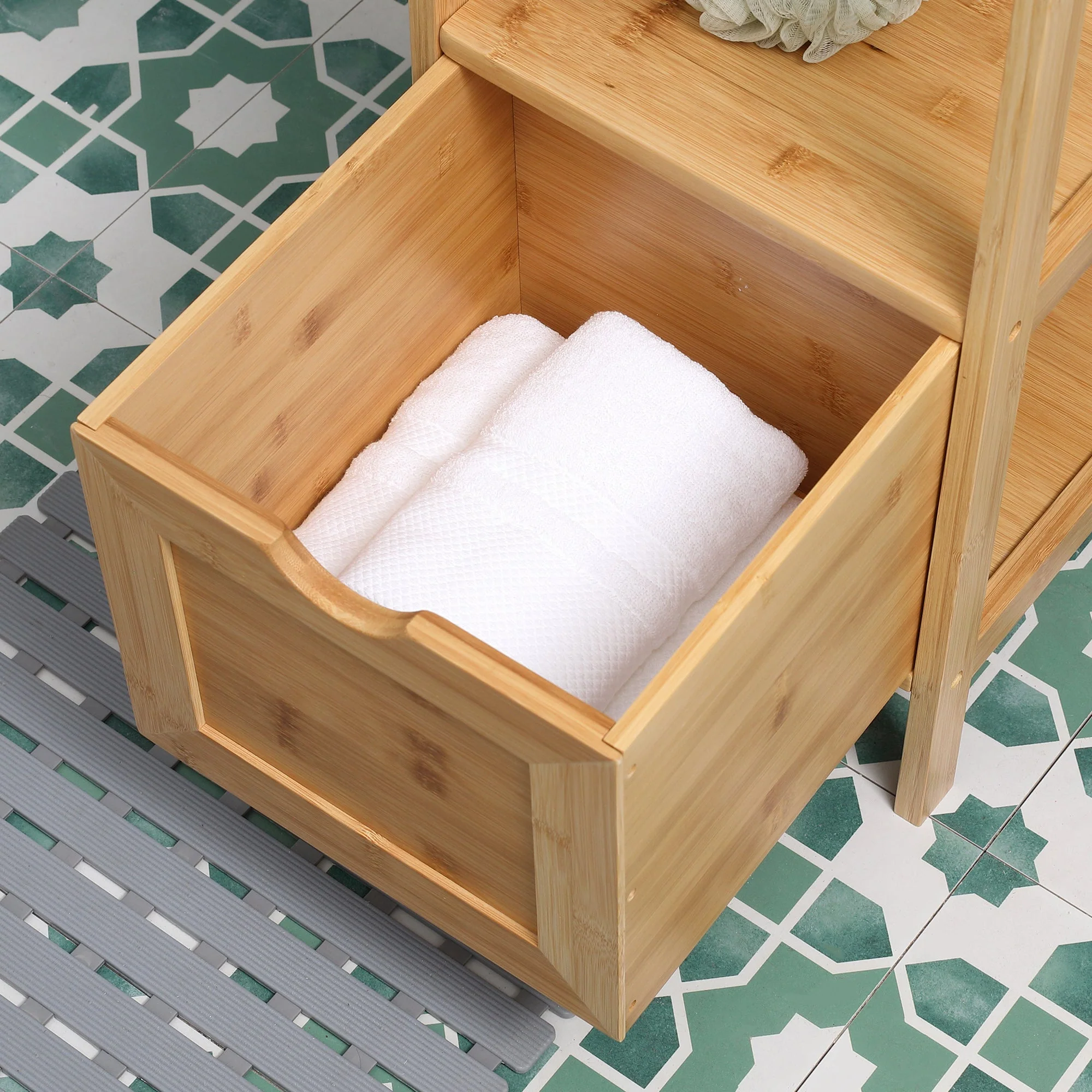 Kleankin Bathroom Cabinet, Tall with 3 Shelves 2 Drawers, Bamboo - Image 7