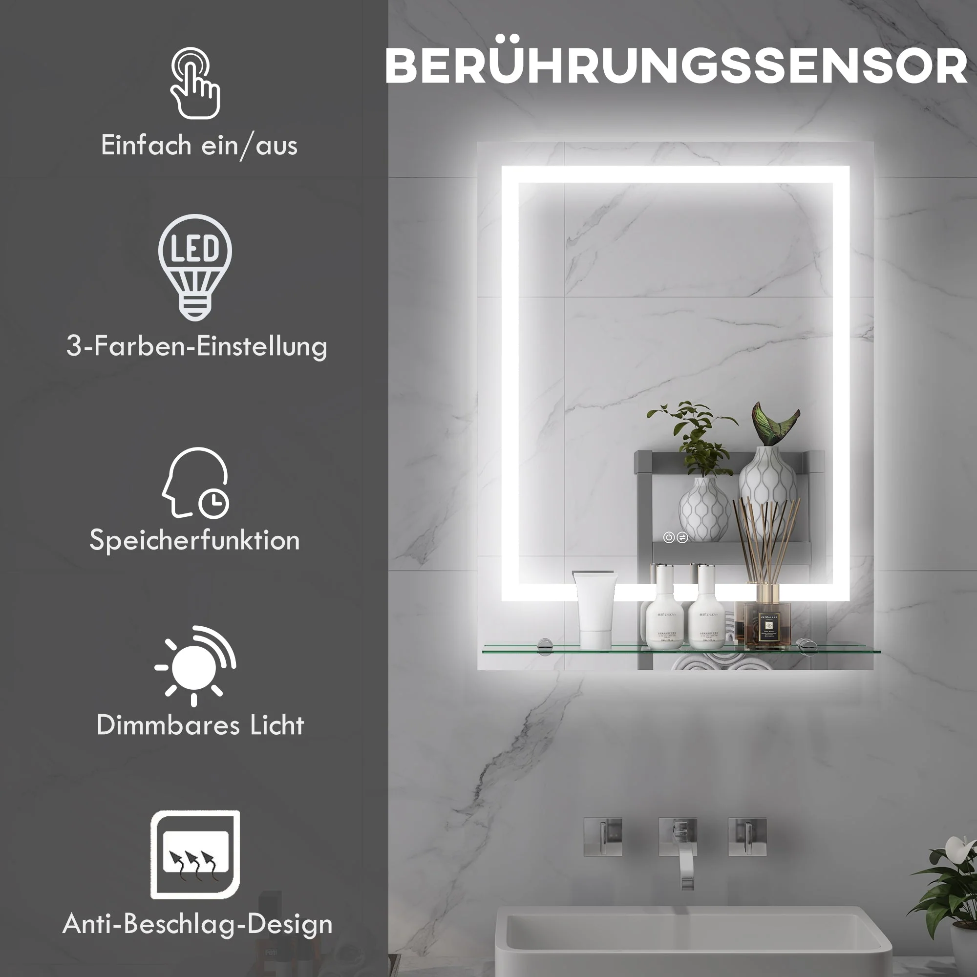 Kleankin Bathroom Mirror, LED, Anti-Fog, Touch Switch, Silver - Image 4