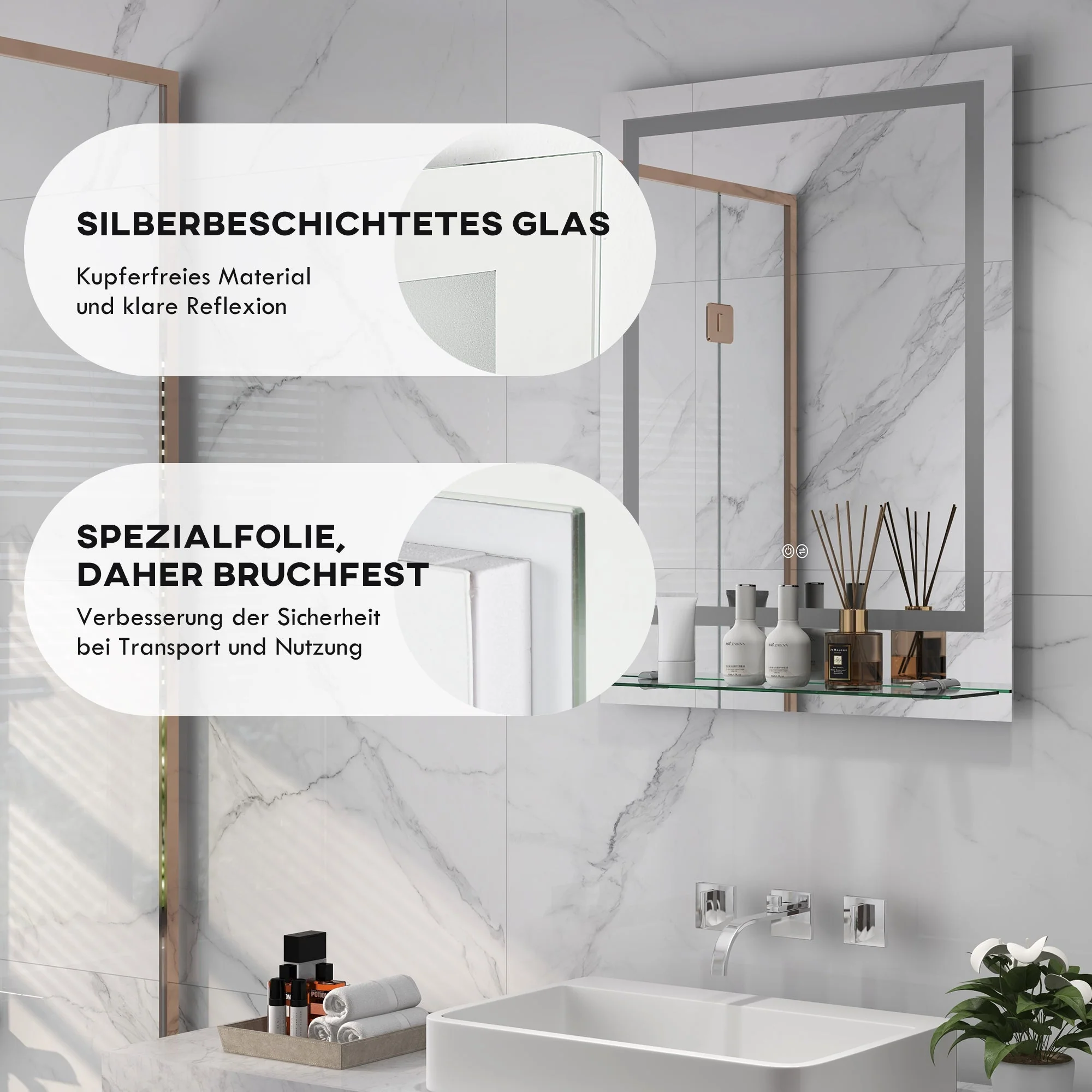 Kleankin Bathroom Mirror, LED, Anti-Fog, Touch Switch, Silver - Image 7
