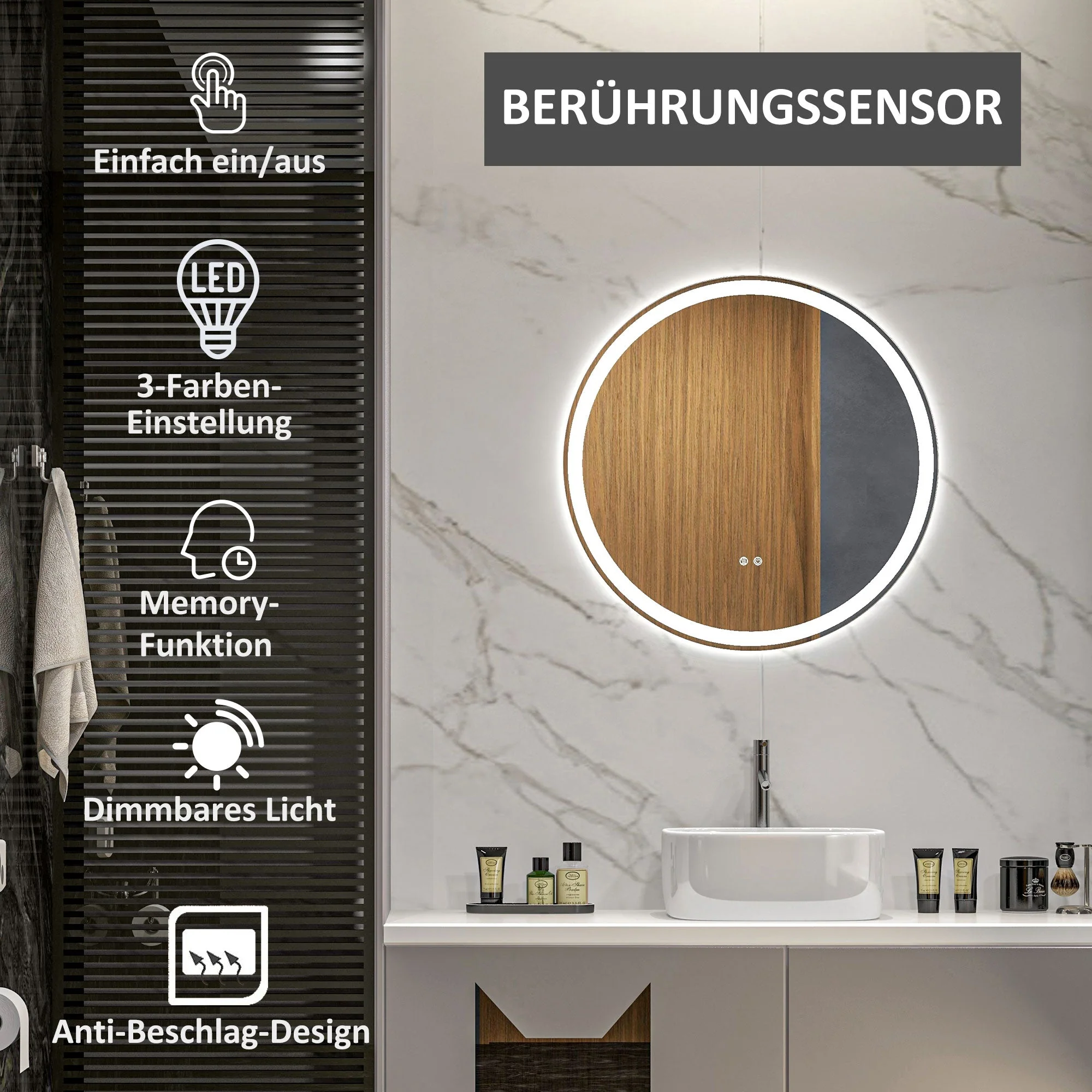 kleankin Bathroom Mirror, LED Illuminated Touch, Aluminum Frame - Image 4