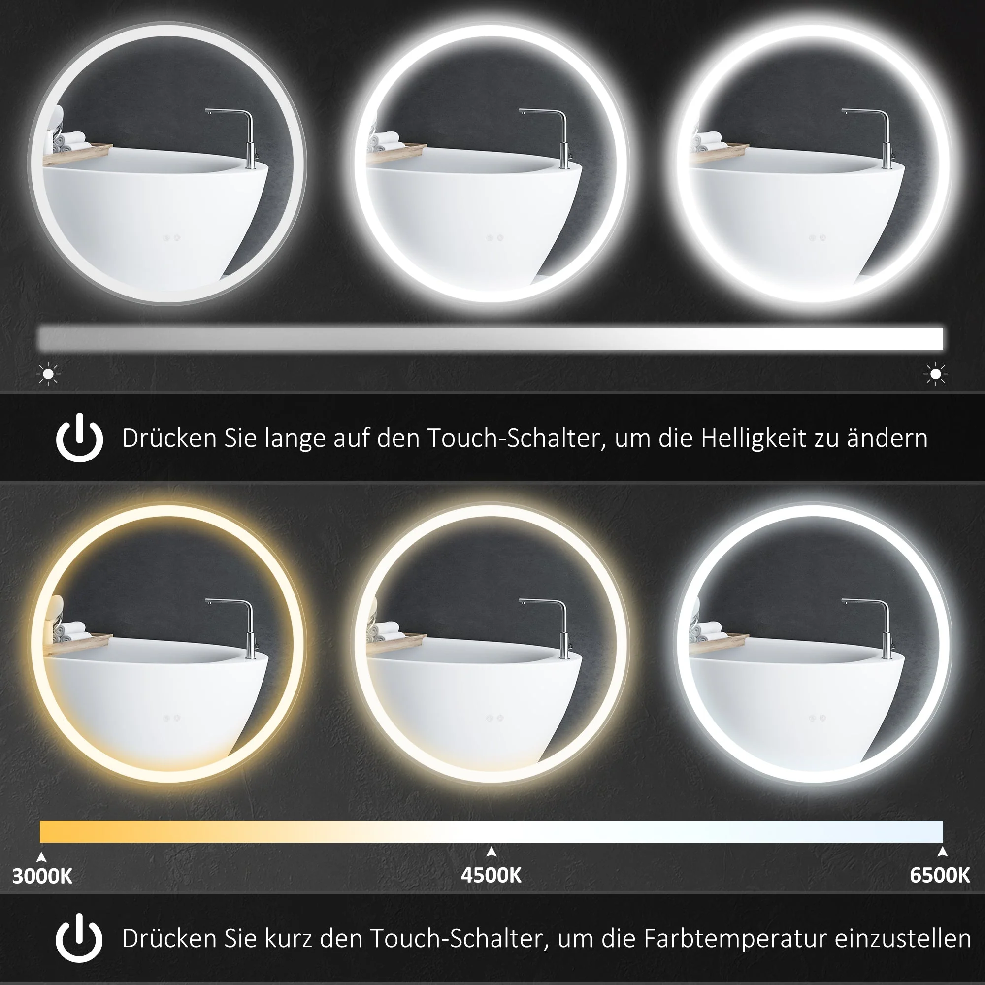 kleankin Bathroom Mirror, LED Illuminated Touch, Aluminum Frame - Image 5