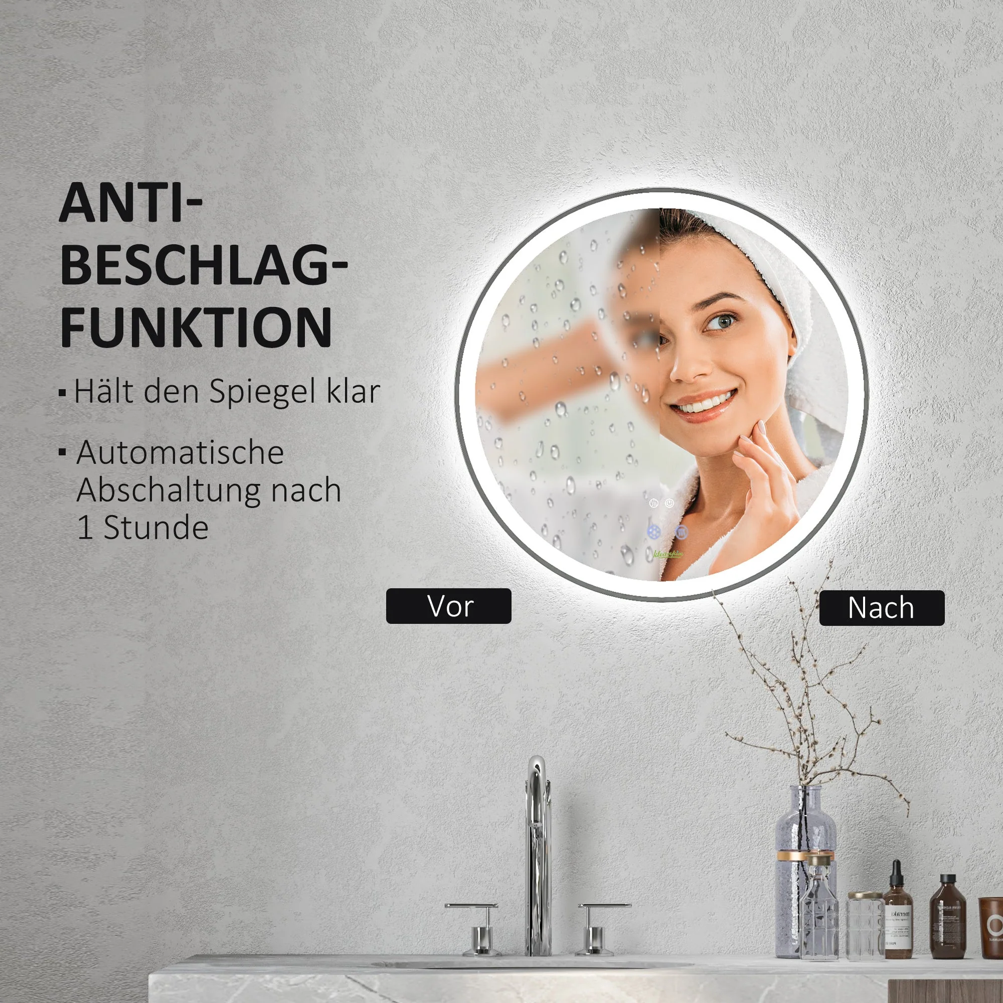kleankin Bathroom Mirror, LED Illuminated Touch, Aluminum Frame - Image 6