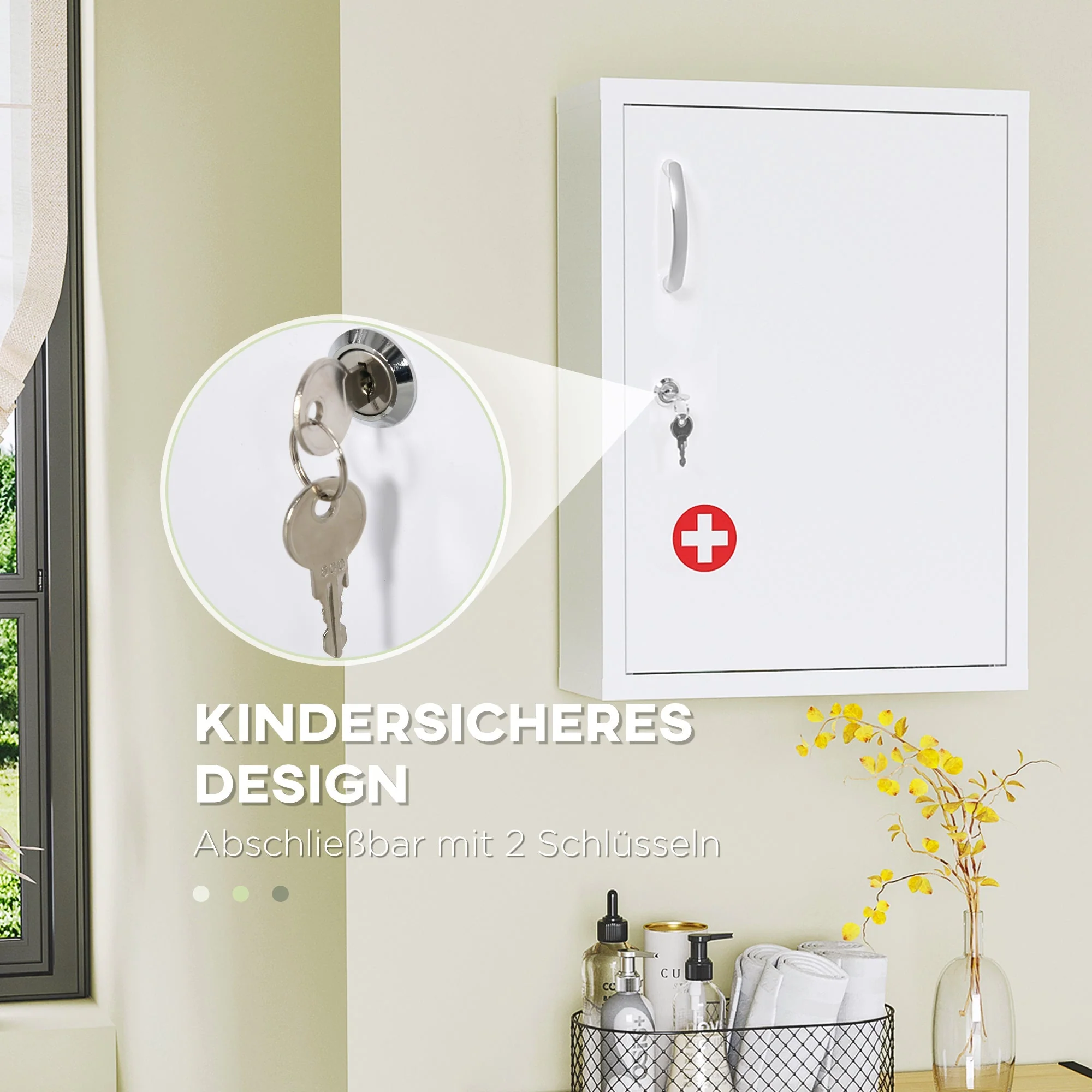 kleankin Medicine Cabinet Wall-Mounted Lockable Steel, White - Image 4