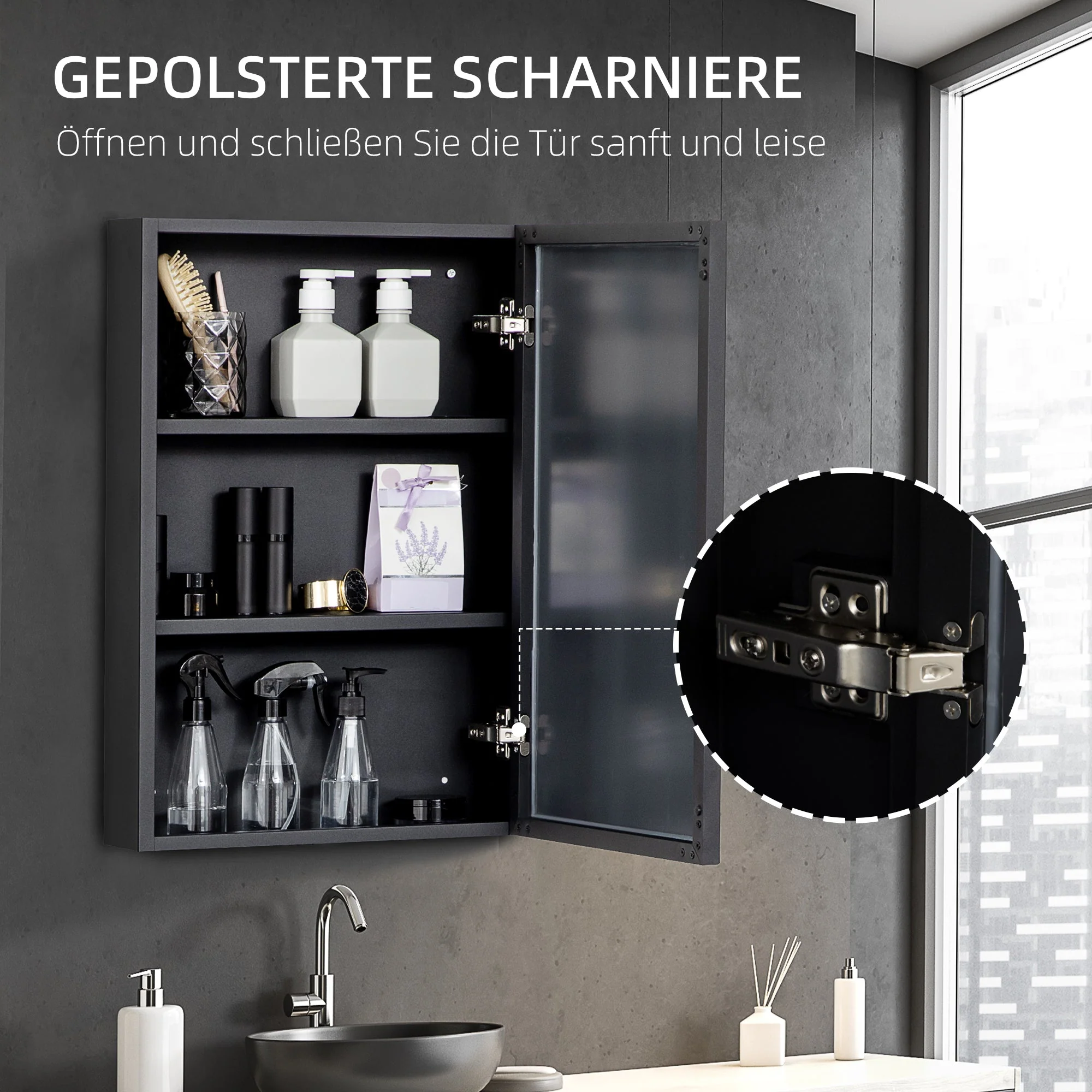 kleankin Mirror Cabinet, 3-Tier Bathroom Medicine Wall, Black - Image 6