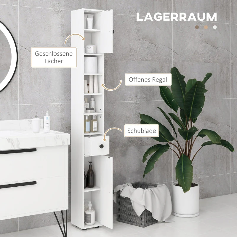 kleankin Slim Bathroom Cabinet, Tall Toilet Cabinet with Drawer & 4 Open Compartments, White - Image 4