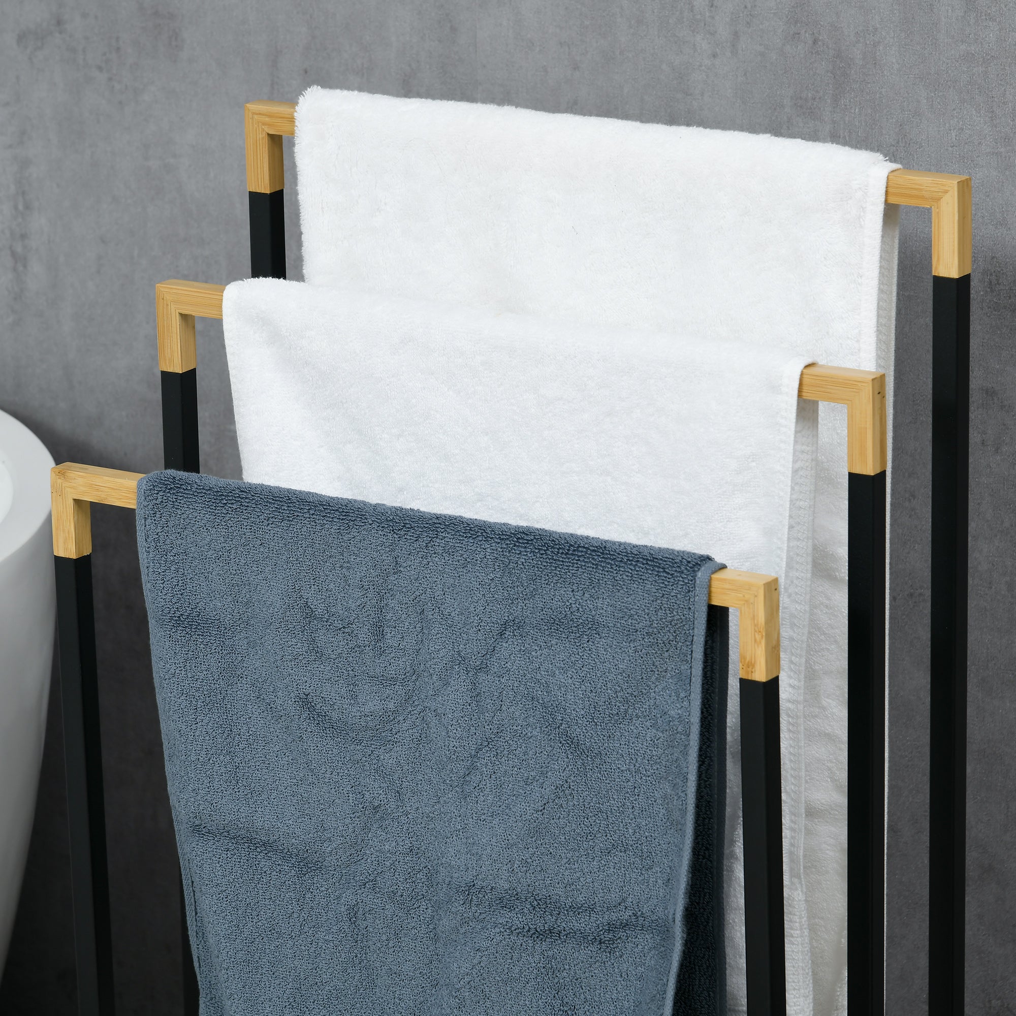kleankin Towel Rack, 3 Bars, Steel & Bamboo, Black - Image 7