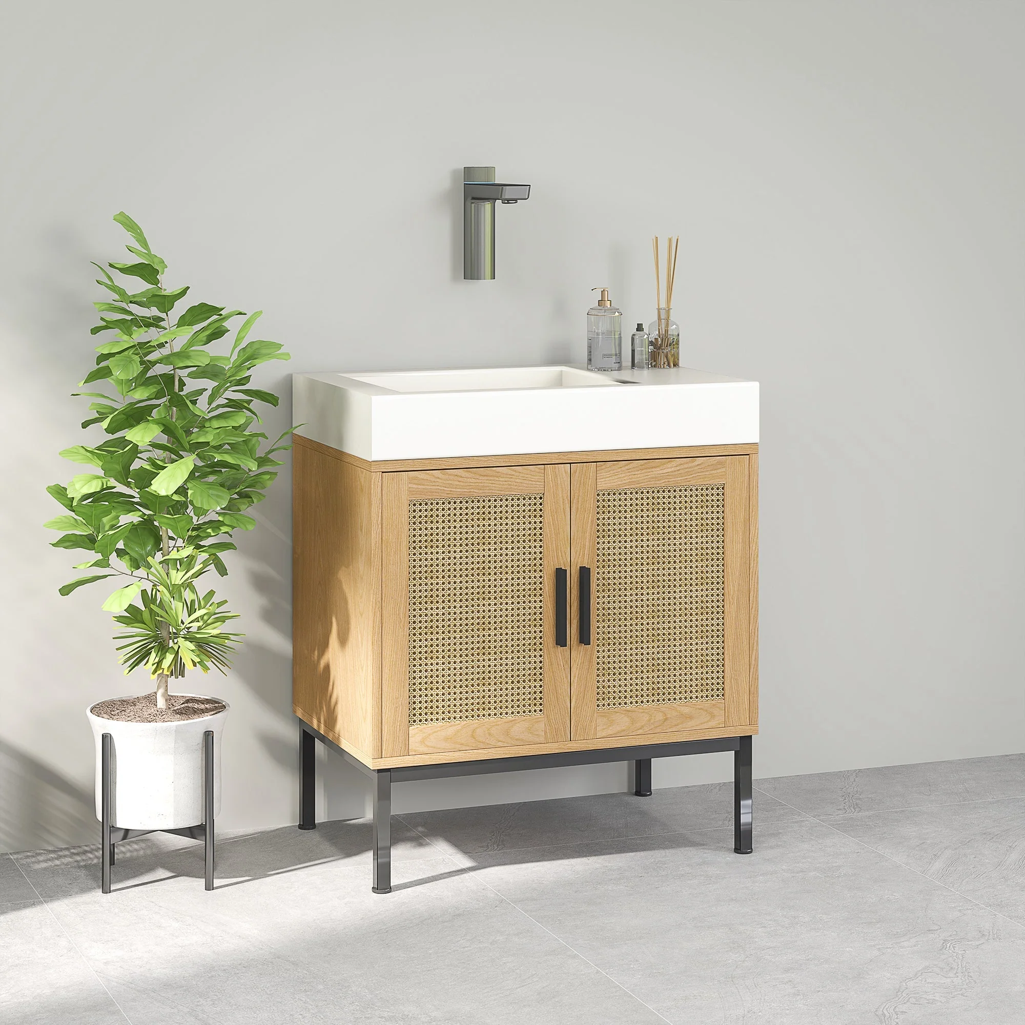 kleankin Vanity Unit, Rattan Look, Anti-Tip Protection, Oak - Image 8
