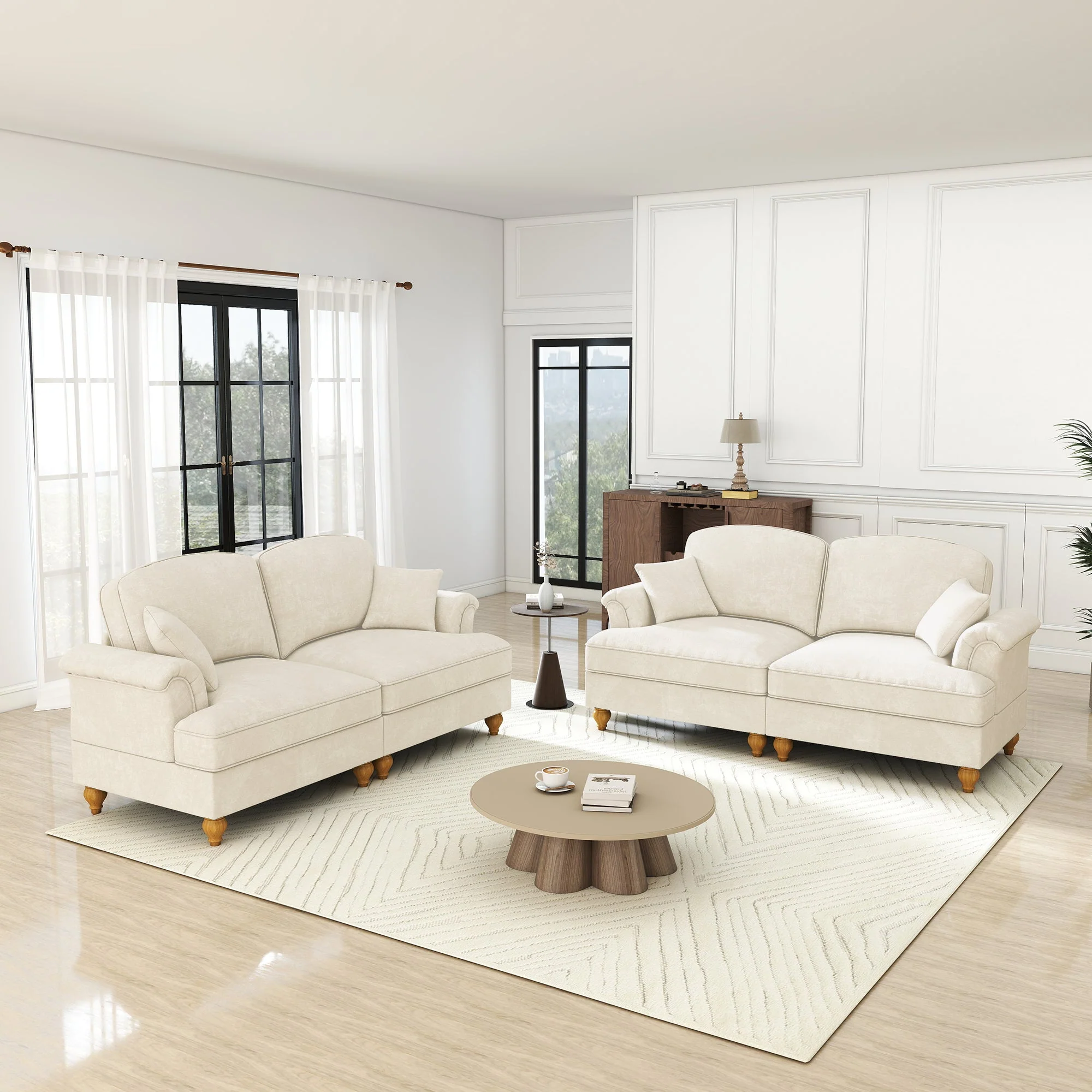 L-Shaped 2-Seater Sofa Mid-Century Chenille Movable Ottoman - White