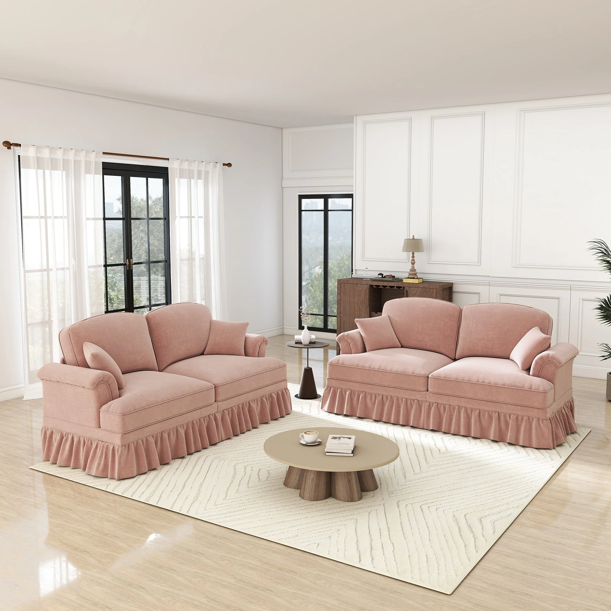 L-Shaped 2-Seater Sofa Mid-Century Movable Ottoman Chenille - Pink - Image 2