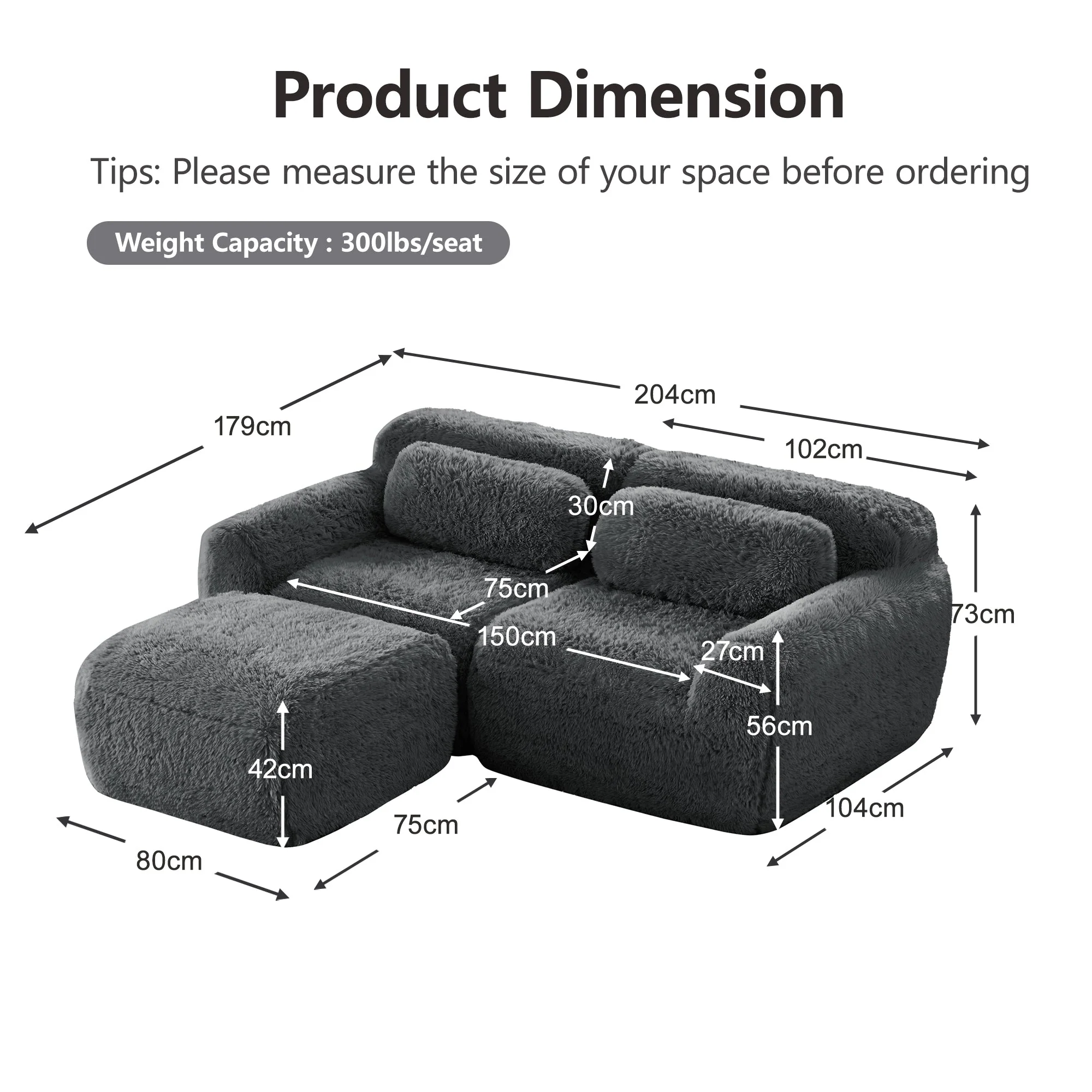L-shaped 2-Seater Sofa, Modular Plush Fabric, Grey - Image 7