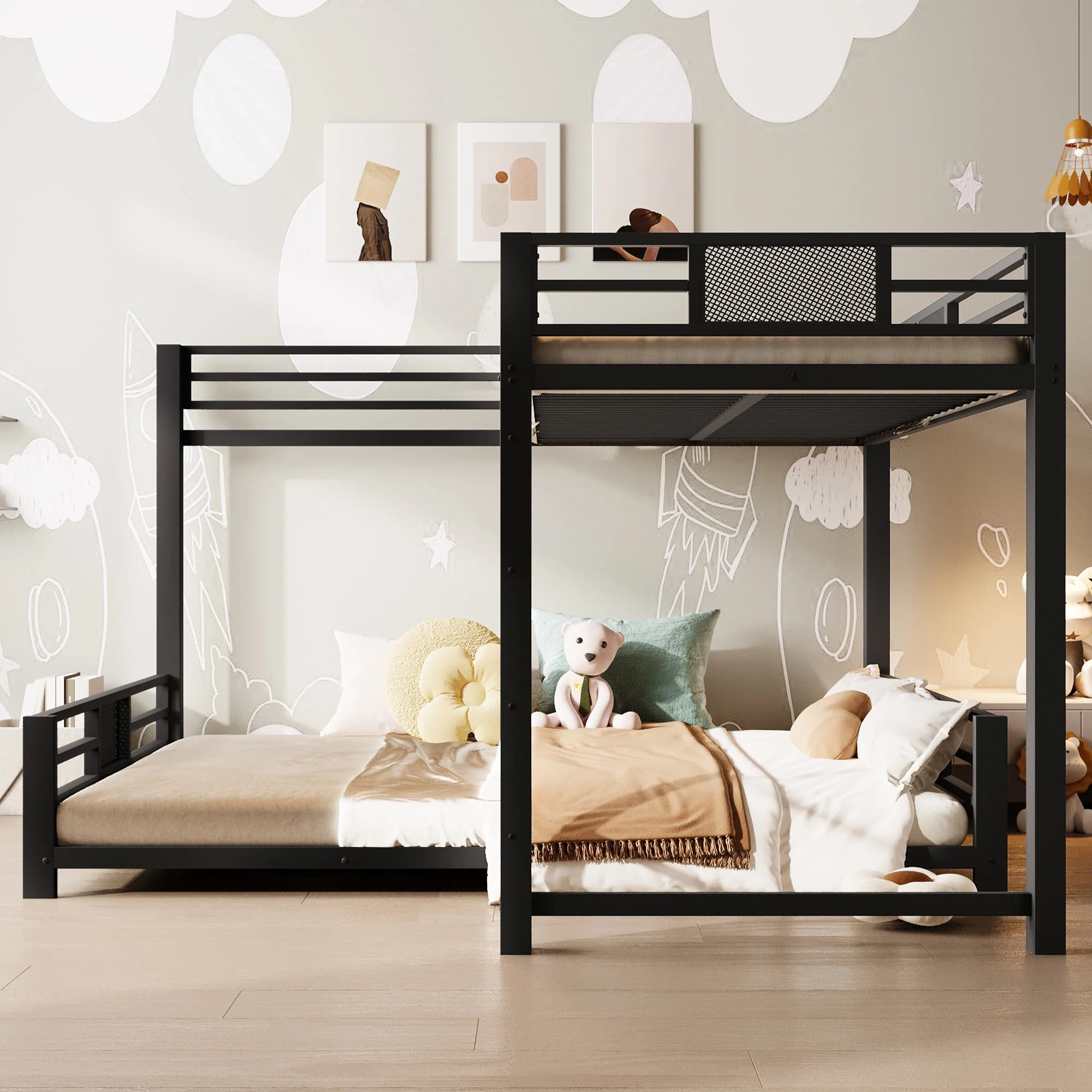 L-shaped Bunk Bed 90x200 over 140x200, Metal, Black - Image 3