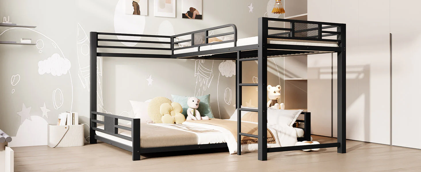 L-shaped Bunk Bed 90x200 over 140x200, Metal, Black - Image 7