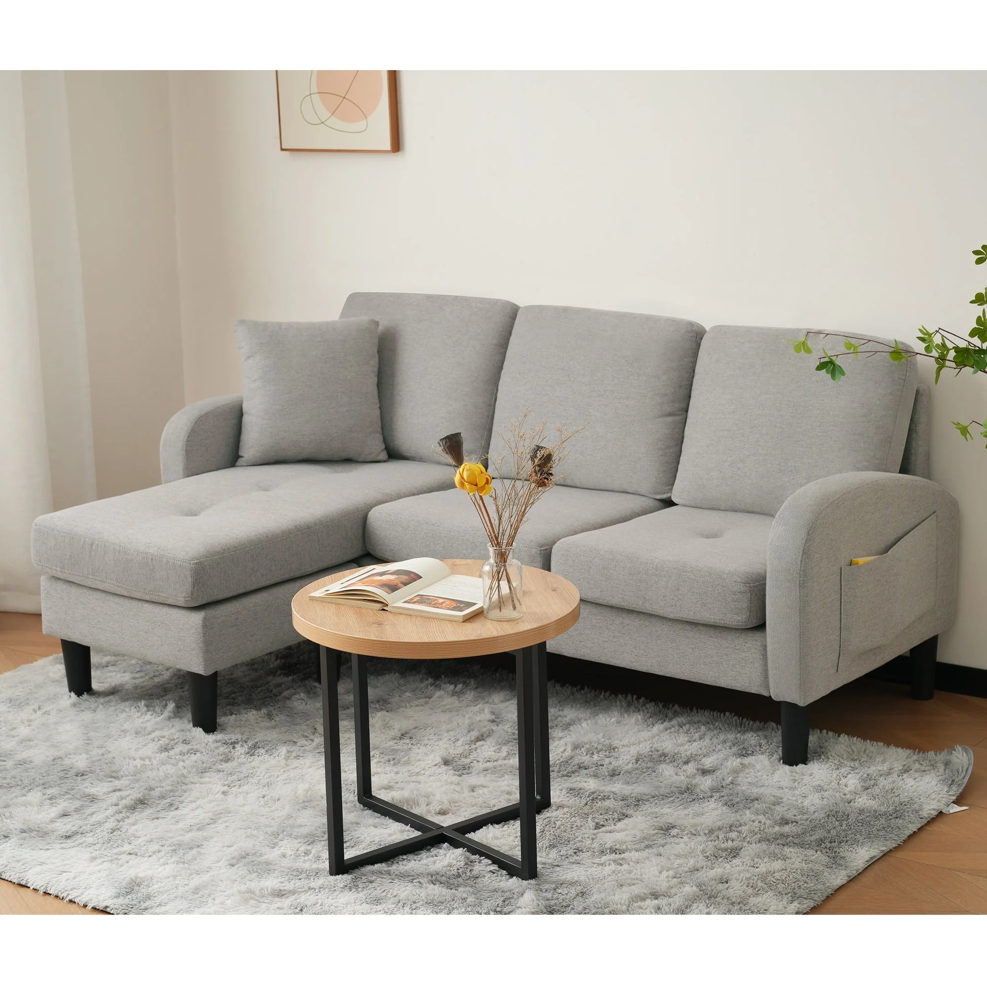 L-shaped Corner Sofa 3-Seater Chaise Longue Modular - Cotton-Linen - Image 7