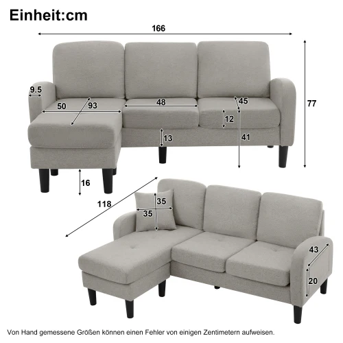 L-shaped Corner Sofa 3-Seater Chaise Longue Modular - Cotton-Linen - Image 8