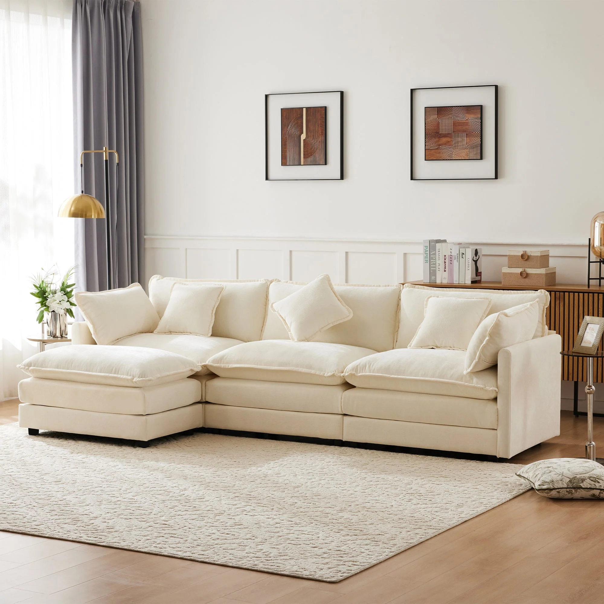 L-Shaped Corner Sofa 3-Seater Upholstered with Footrest, Modern Chenille Fabric - Image 2