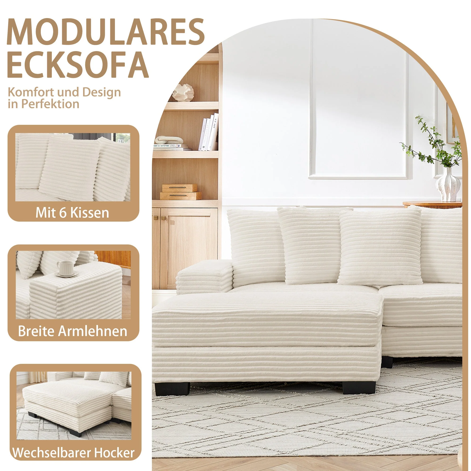 L-shaped Corner Sofa, 4-Seater Modular with 6 Cushions, Beige Corduroy - Image 4
