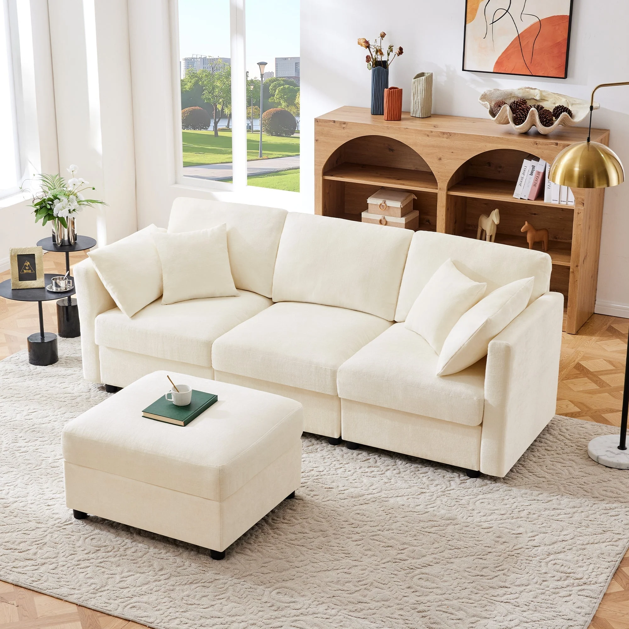 L-shaped Corner Sofa Bed with Footstool, Convertible 3-Seater, 4 Cushions, Adjustable Armrests, Beige Chenille - Image 8