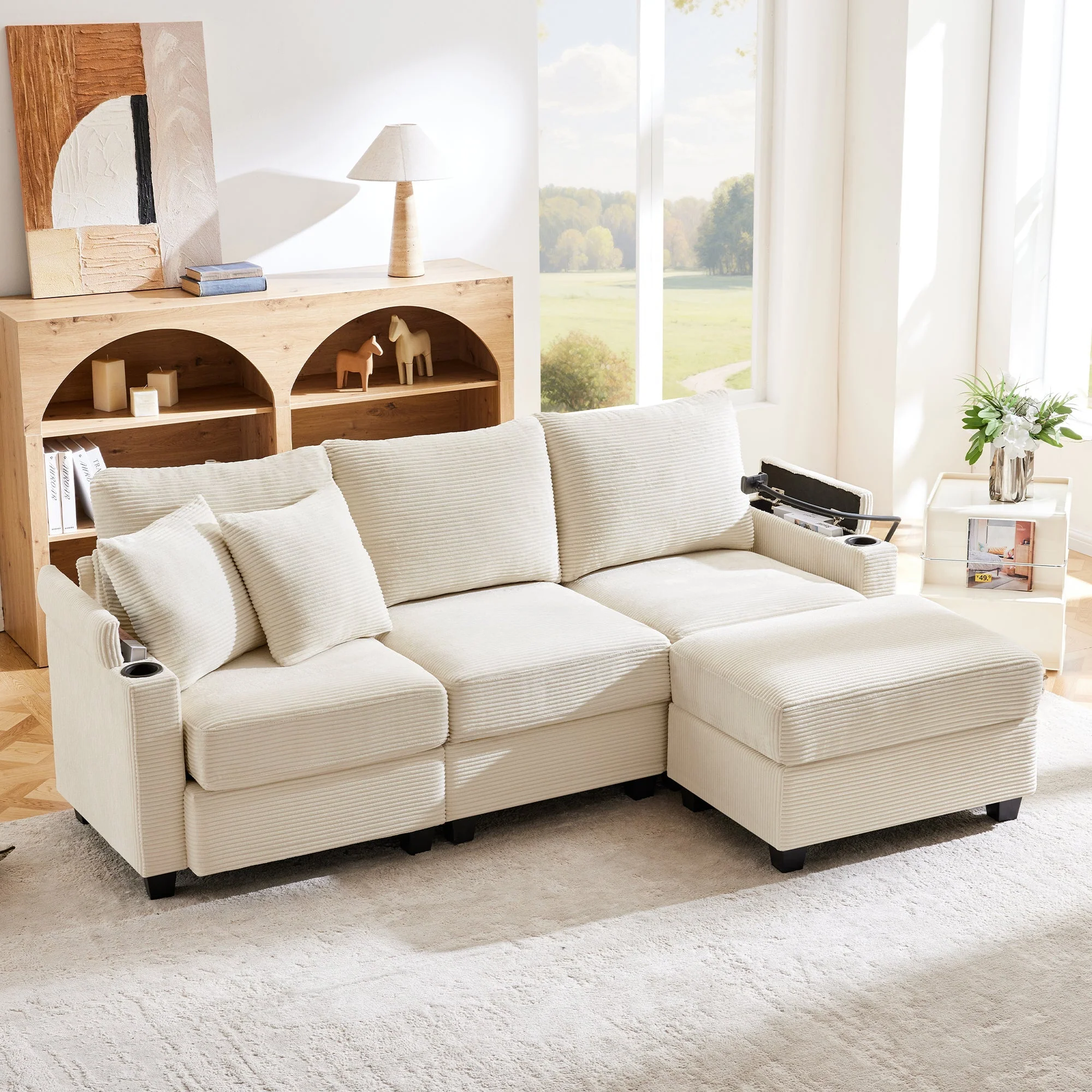 L-shaped Corner Sofa, Convertible 3-Seater with Footstool, Cup Holder, USB Charger, Armrest Storage, Beige - Image 3