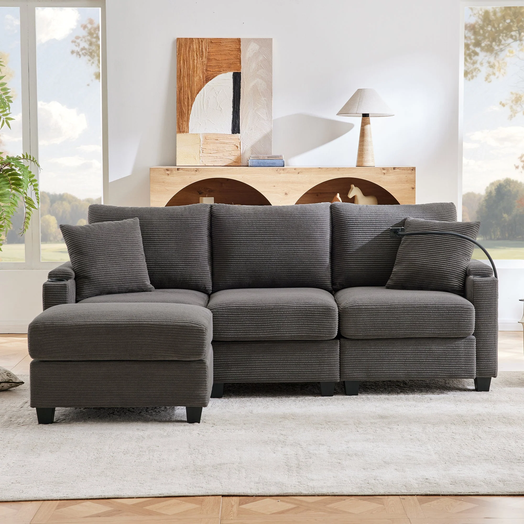 L-shaped Corner Sofa, Convertible 3-Seater with Footstool, Cup Holder, USB Charger, Armrest Storage, Dark Gray - Image 7