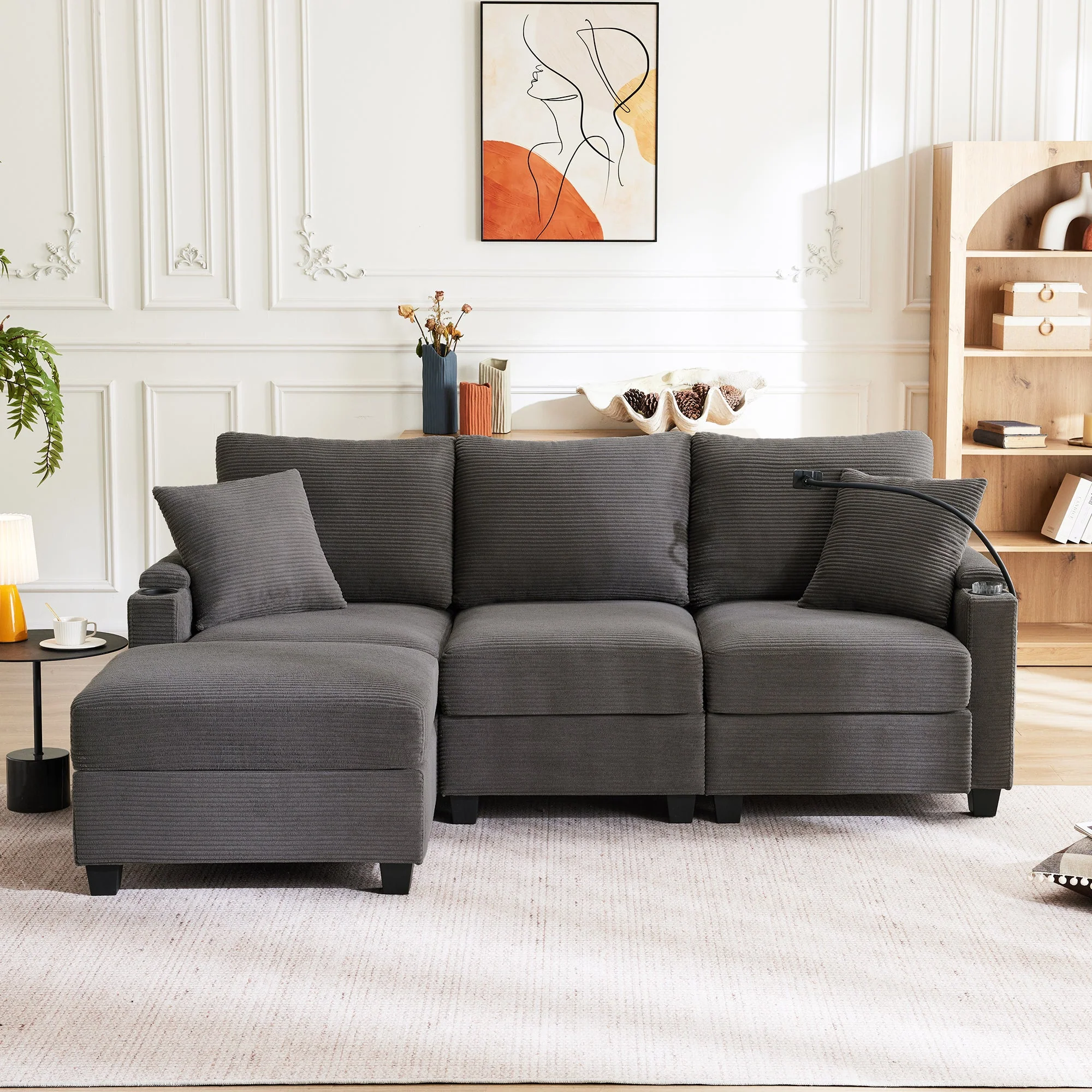 L-shaped Corner Sofa, Convertible 3-Seater with Footstool, Cup Holder, USB Charger, Armrest Storage, Dark Gray - Image 8