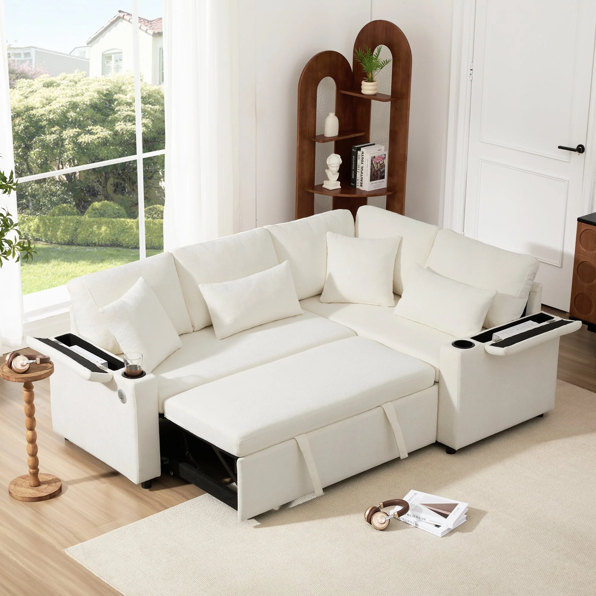 L-Shaped Corner Sofa, Extendable Chaise Storage Cup Holders USB Armrest, Beige - Image 2