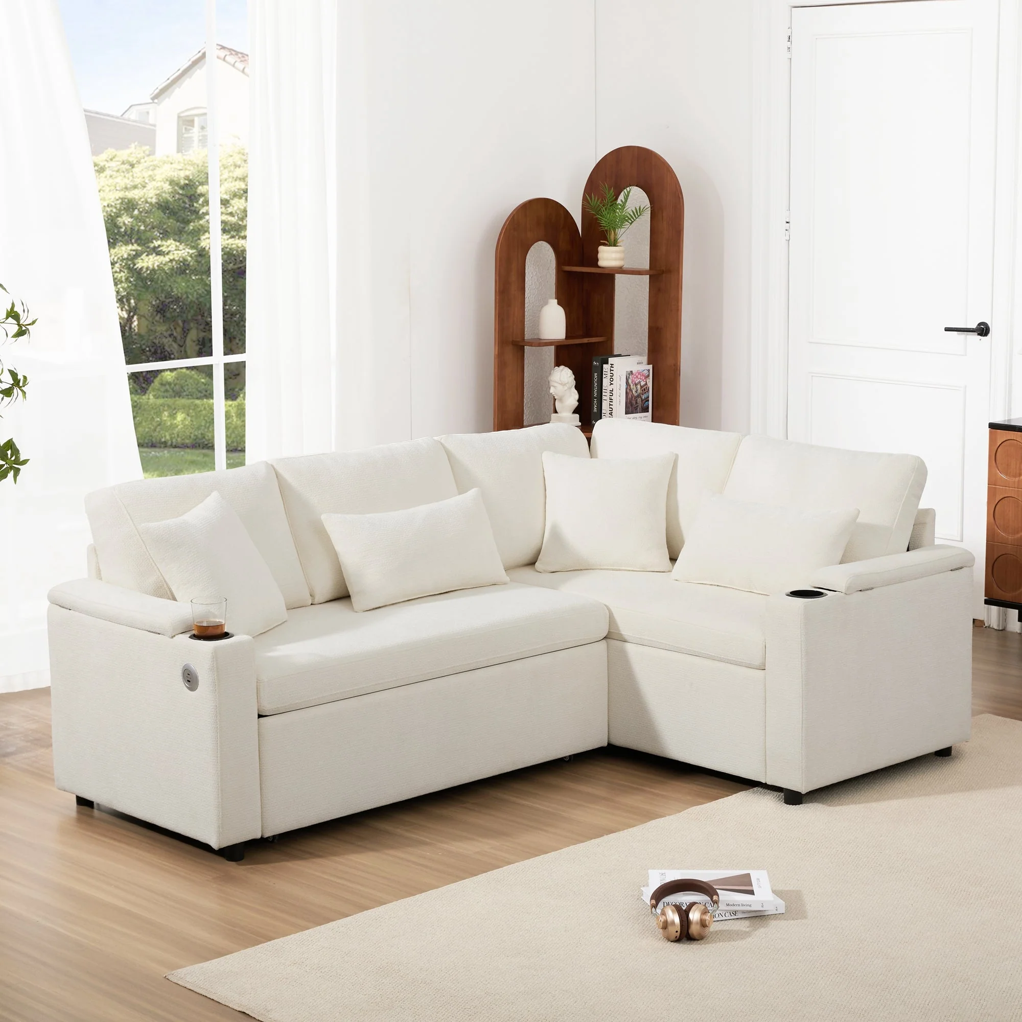 L-Shaped Corner Sofa, Extendable Chaise Storage Cup Holders USB Armrest, Beige - Image 4
