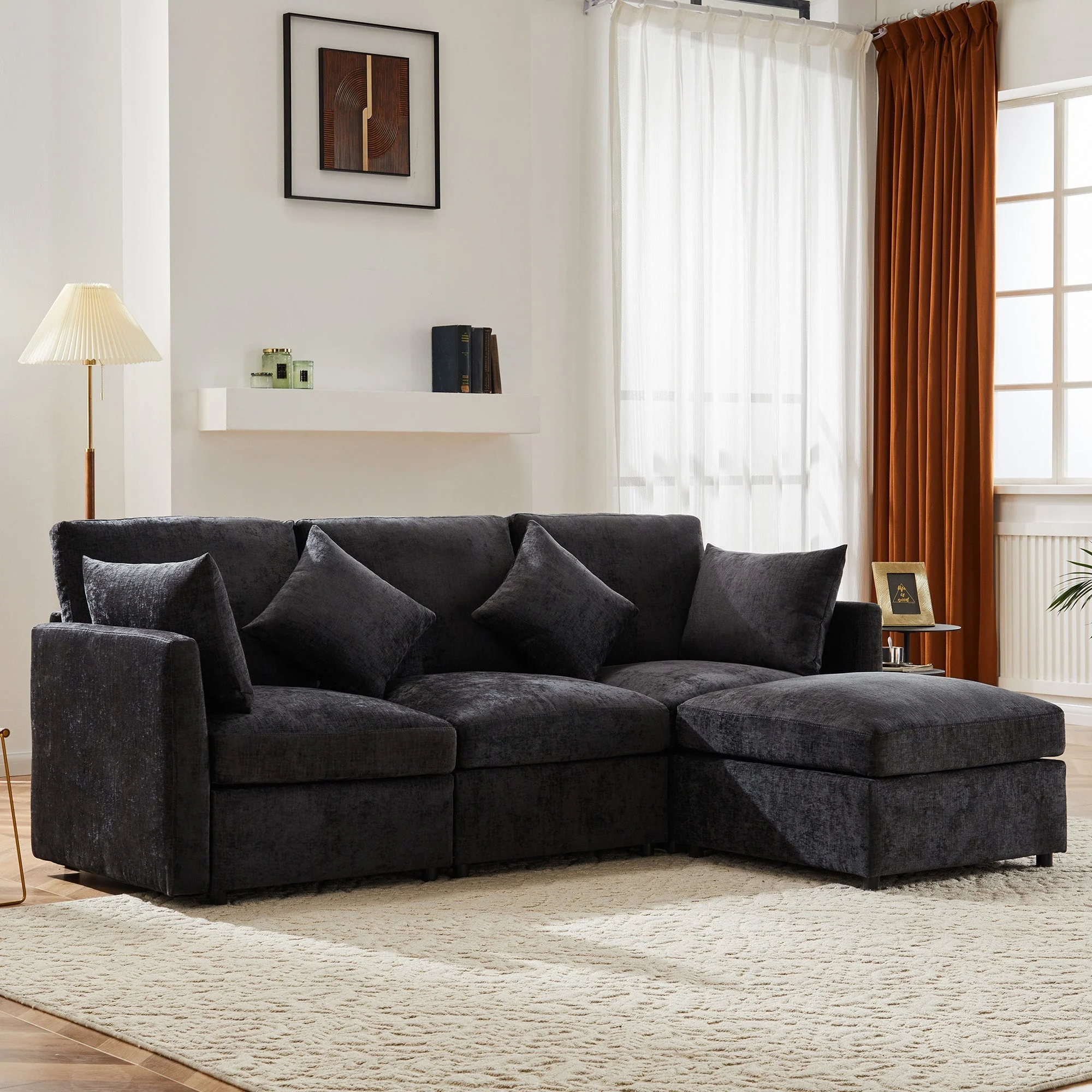 L-Shaped Corner Sofa Set with Footstool Modern Design Chenille Fabric - Image 5