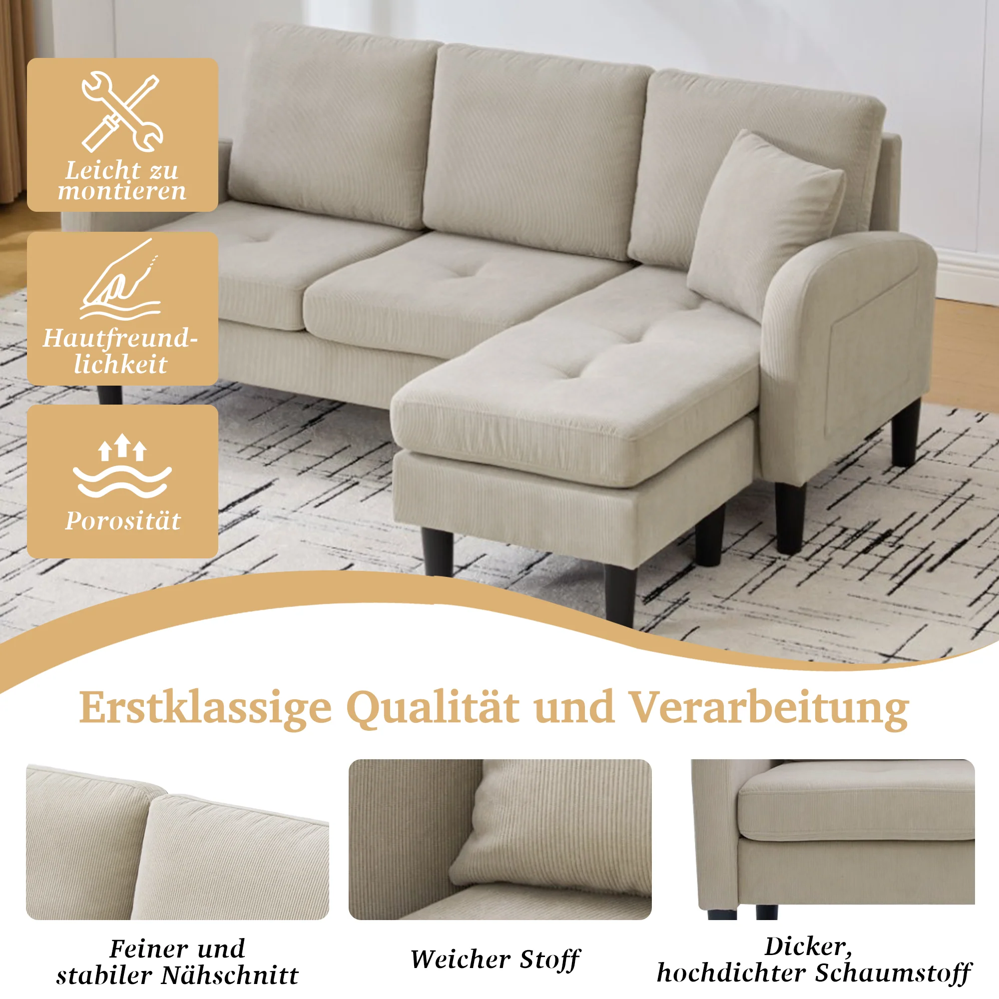 L-shaped Corner Sofa with Chaise Longue, 3-Seater Modular Design, Corduroy Fabric - Image 15