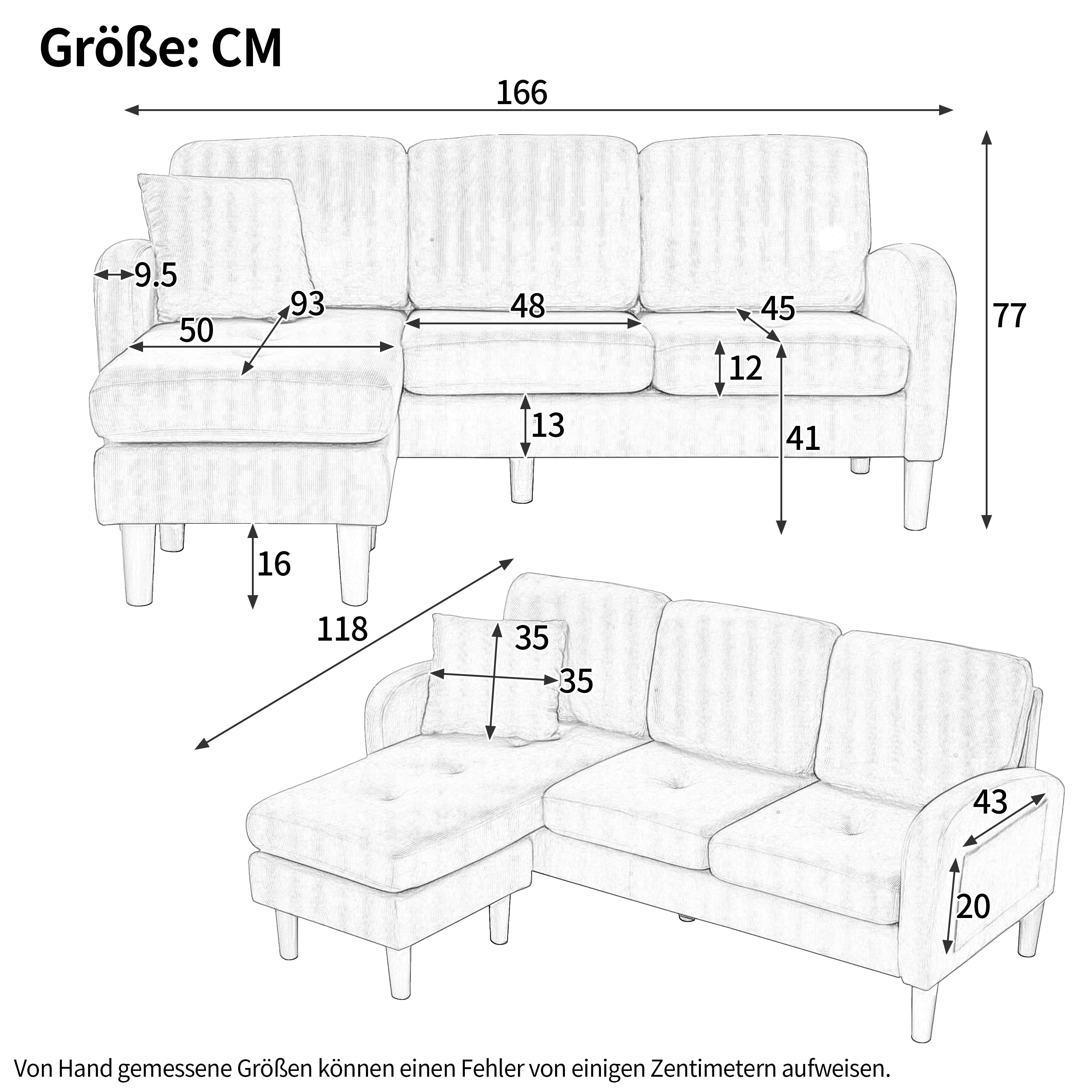 L-shaped Corner Sofa with Chaise Longue, 3-Seater Modular Design, Corduroy Fabric - Image 23