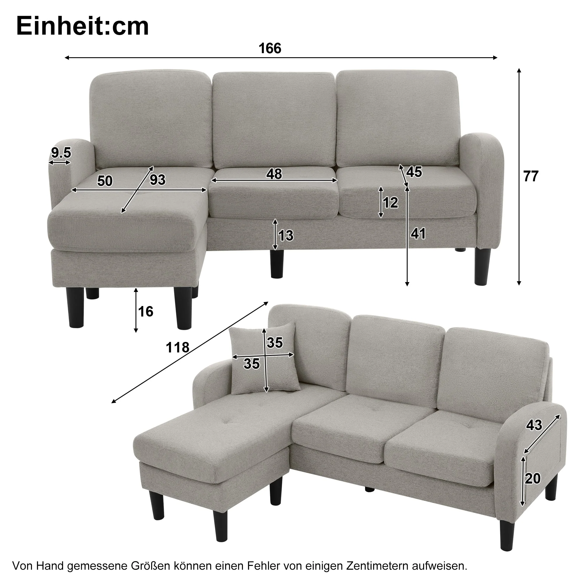 L-shaped Corner Sofa with Chaise Lounge, 3-Seater Modular Design, Cotton-Linen Fabric - Image 12