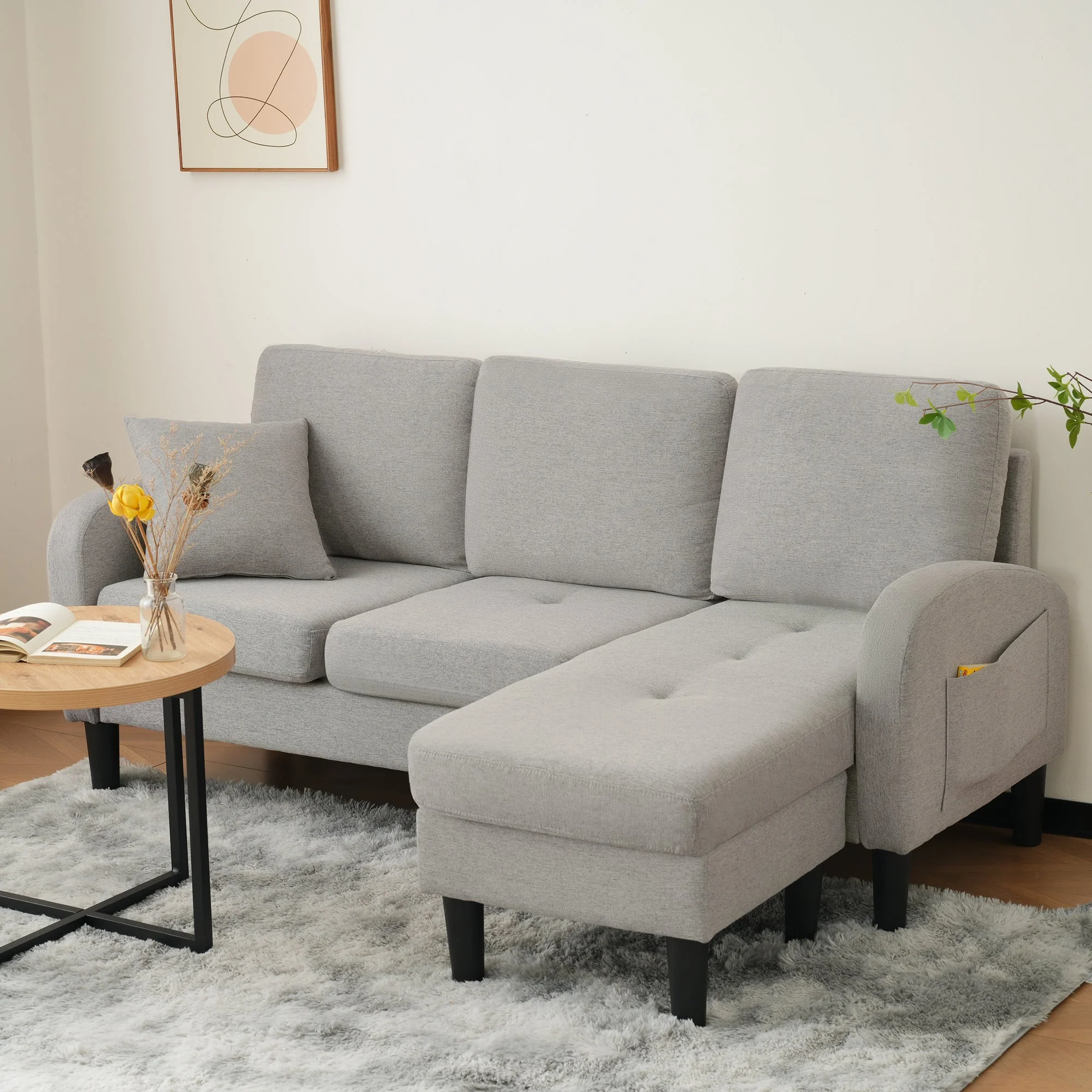 L-shaped Corner Sofa with Chaise Lounge, 3-Seater Modular Design, Cotton-Linen Fabric - Image 13